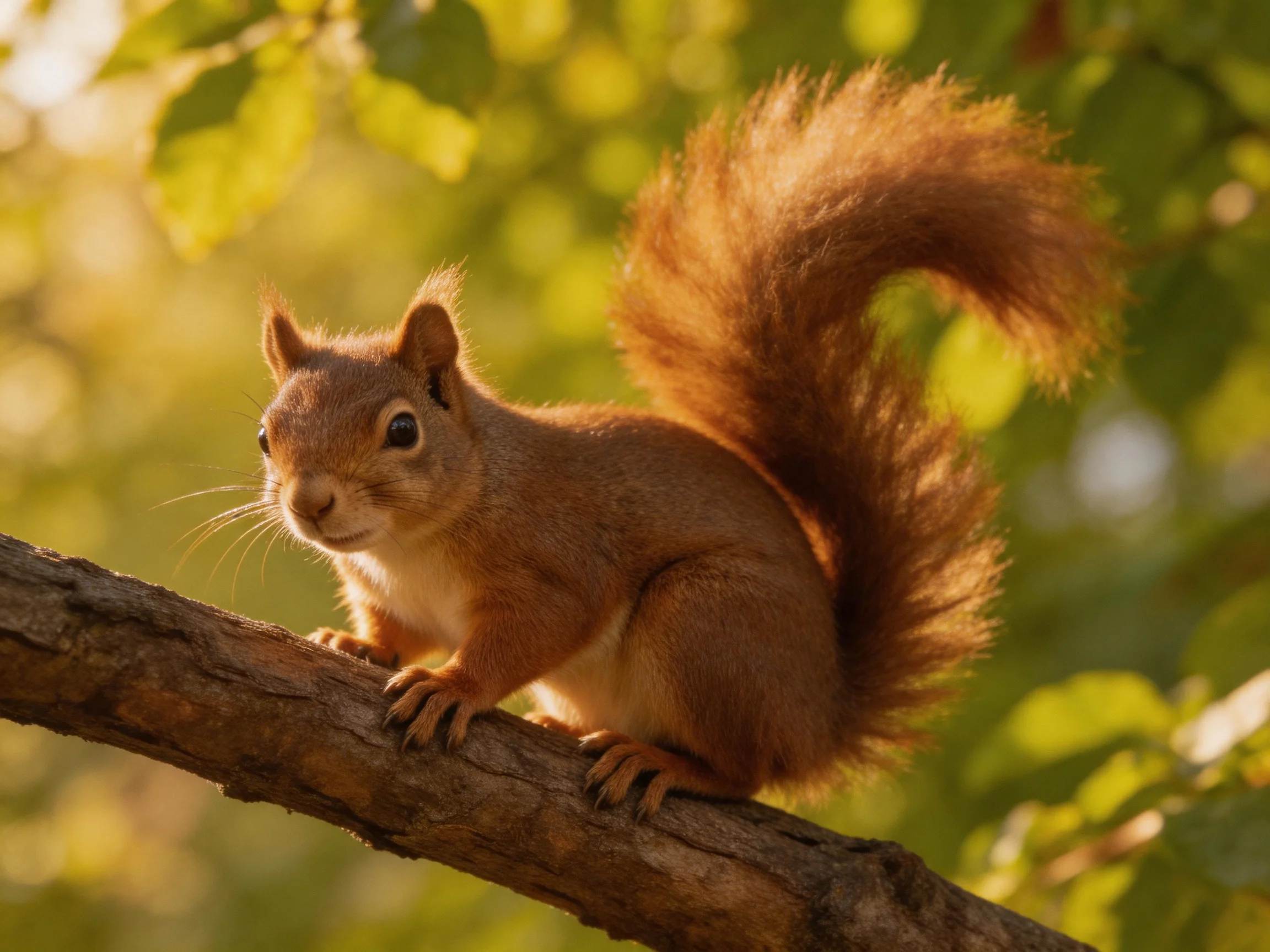 A reddish-brown squirrel with a bushy tail sits on a tree branch