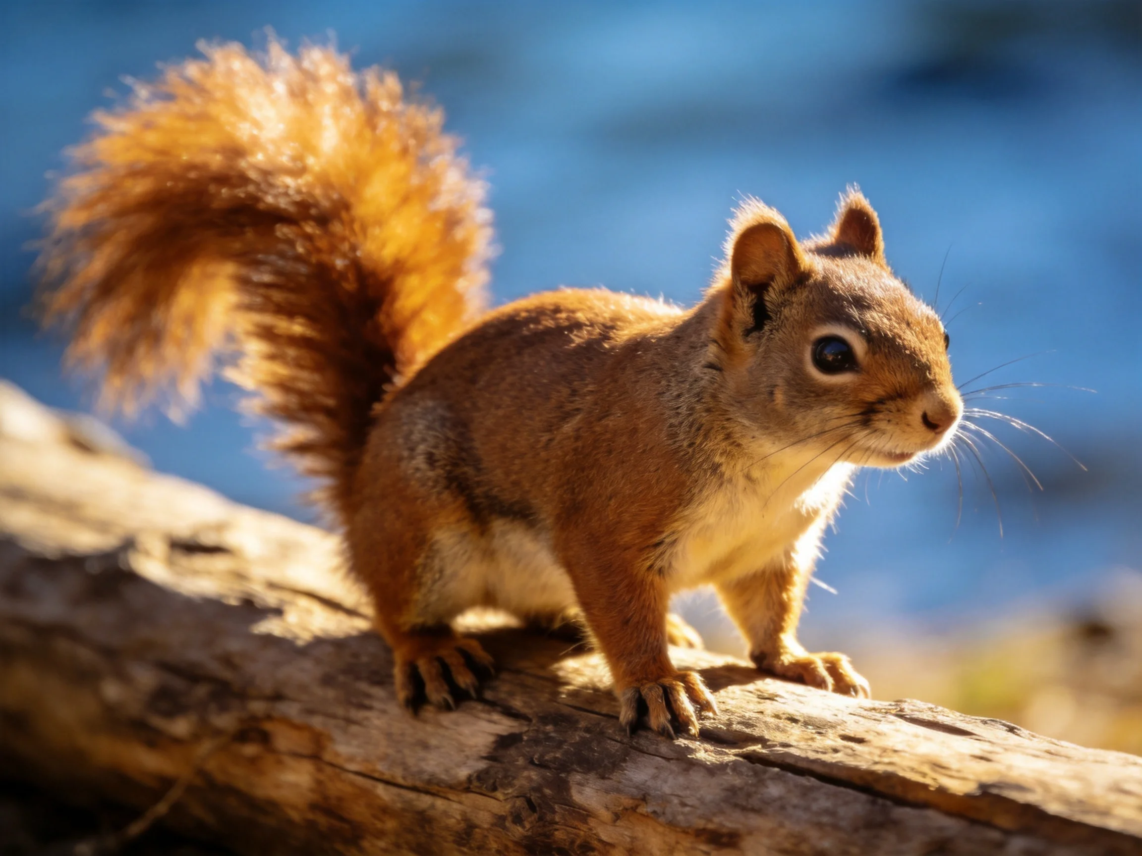 A reddish-brown squirrel with a fluffy tail perches on a log