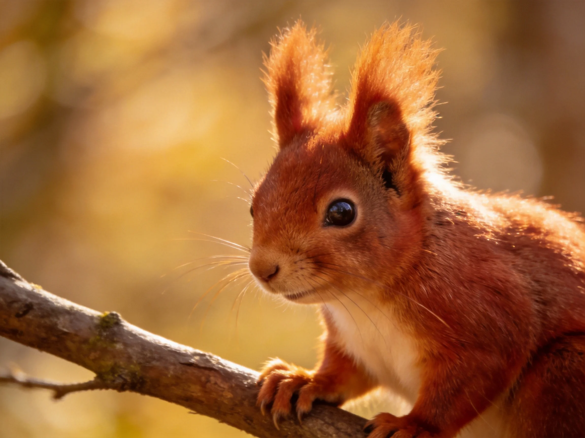 A reddish-brown squirrel with upright ears sits on a tree branch in warm light