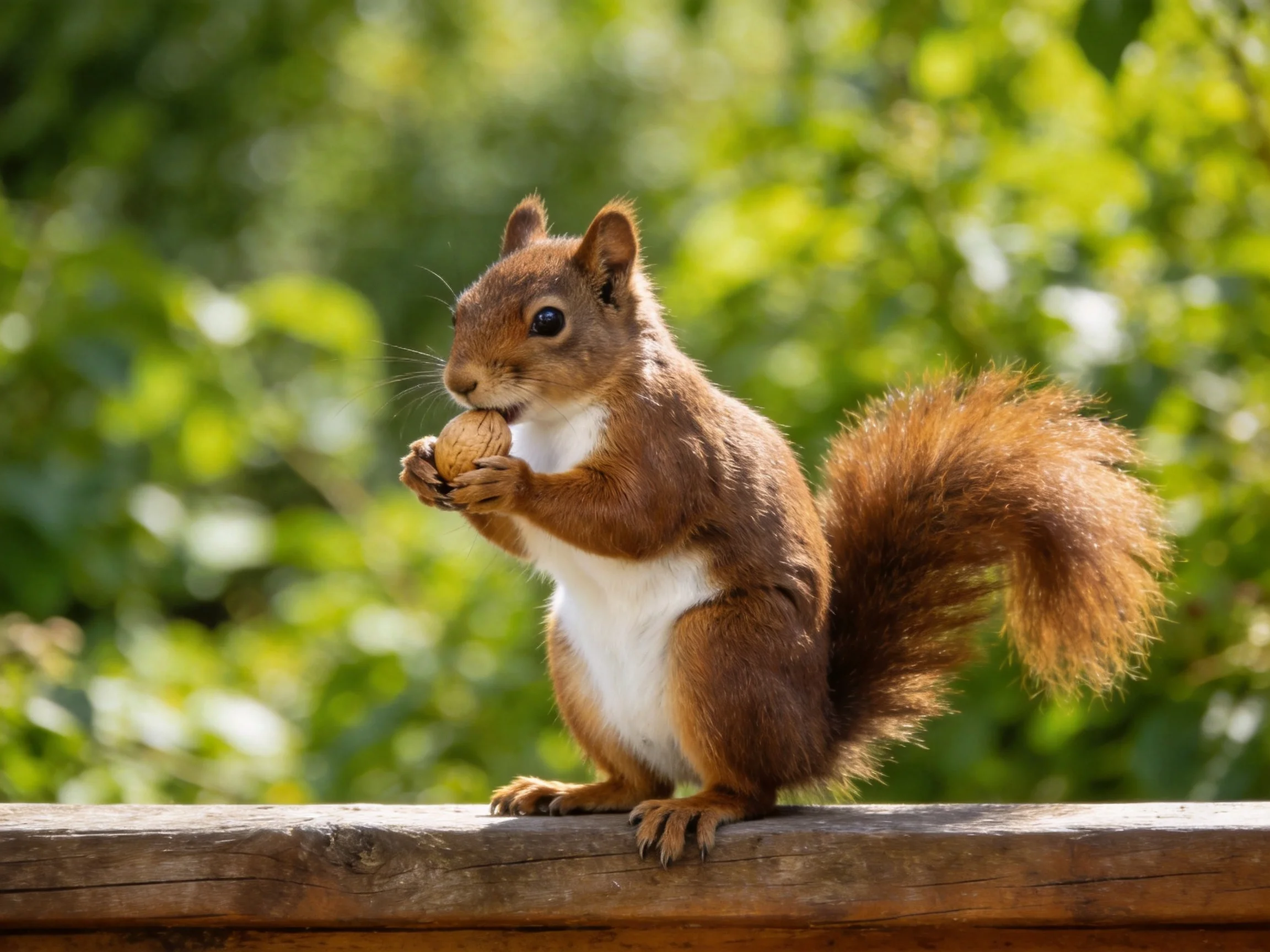 A reddish-brown squirrel with white chest holds a nut on a wooden beam
