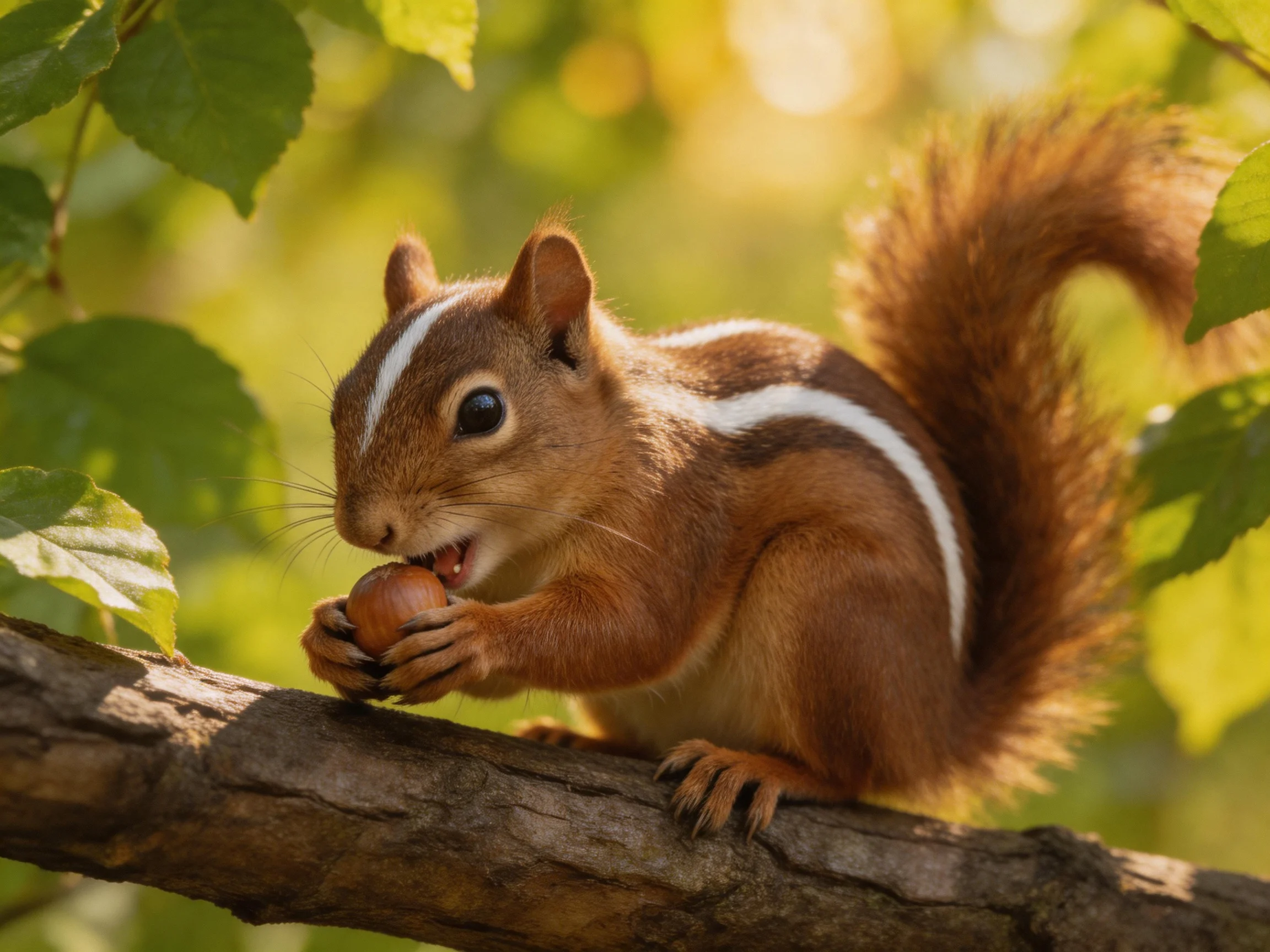 A reddish-brown squirrel with white stripes eats a nut on a tree branch