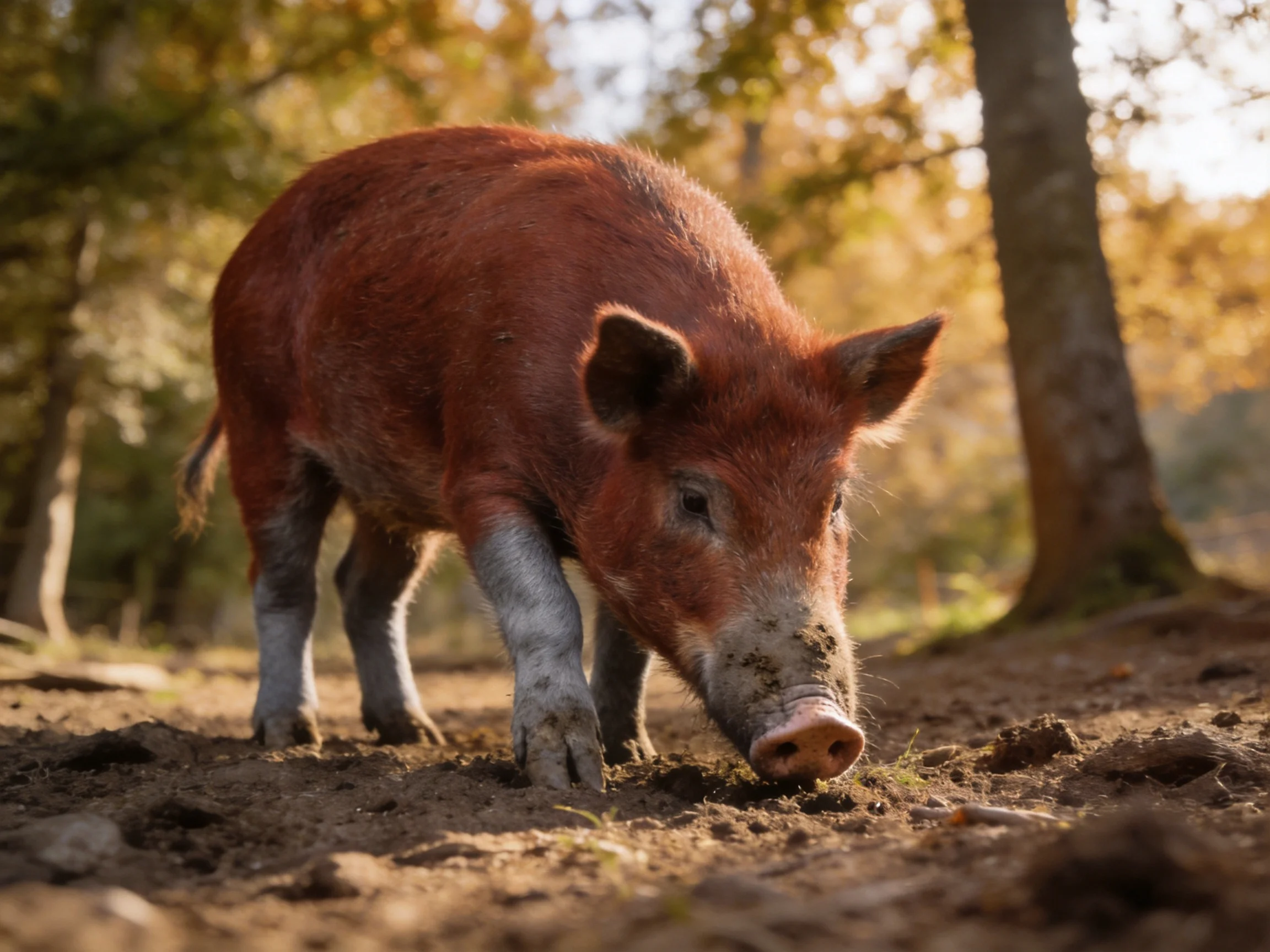 A reddish-brown wild boar forages in a sunlit forest path