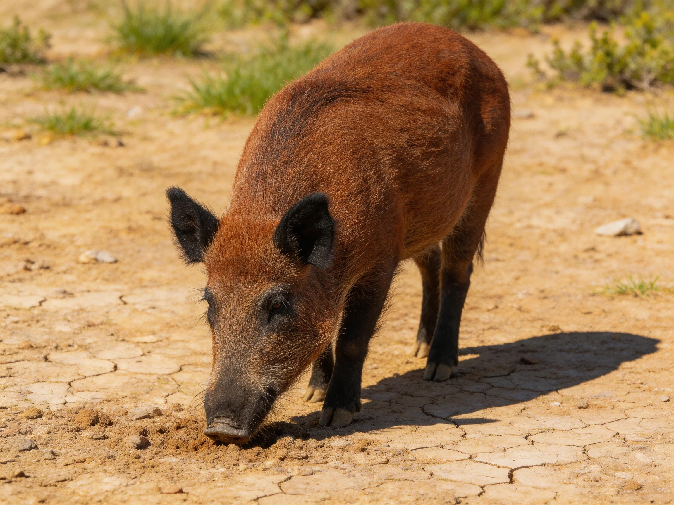 A reddish - brown wild boar forages on dry, cracked earth