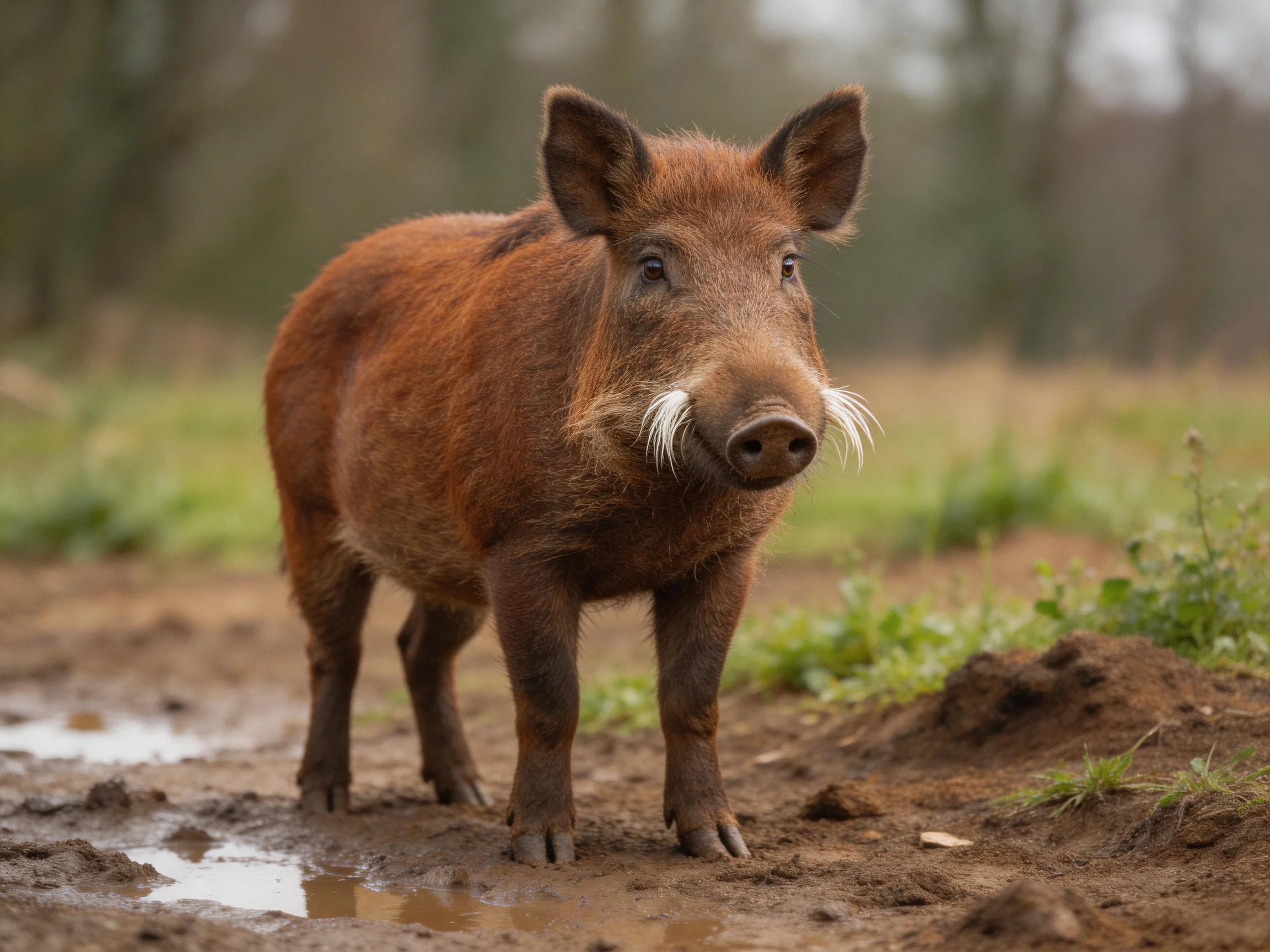 A reddish-brown wild boar stands on muddy terrain near green vegetation