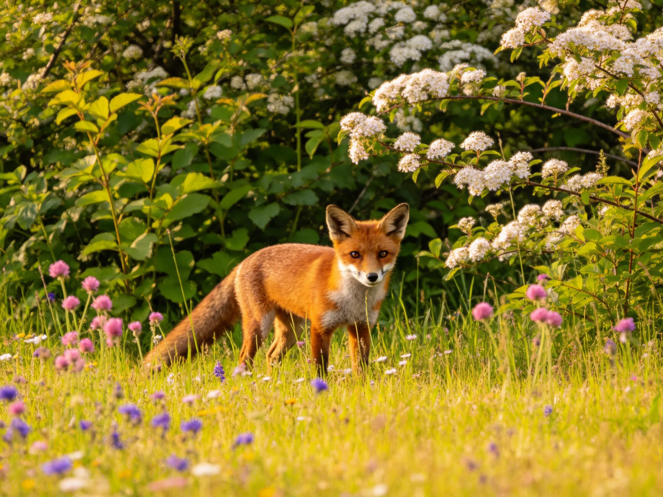 A reddish fox amid colorful wildflowers and lush greenery