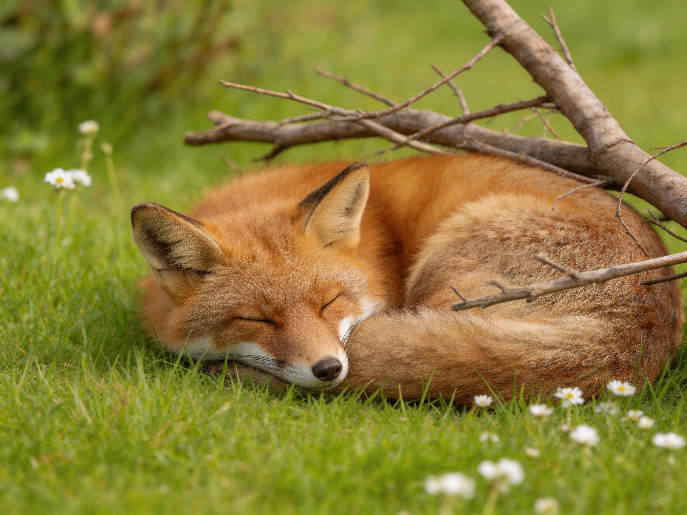 A reddish fox curled asleep near brown branches on lush green grass