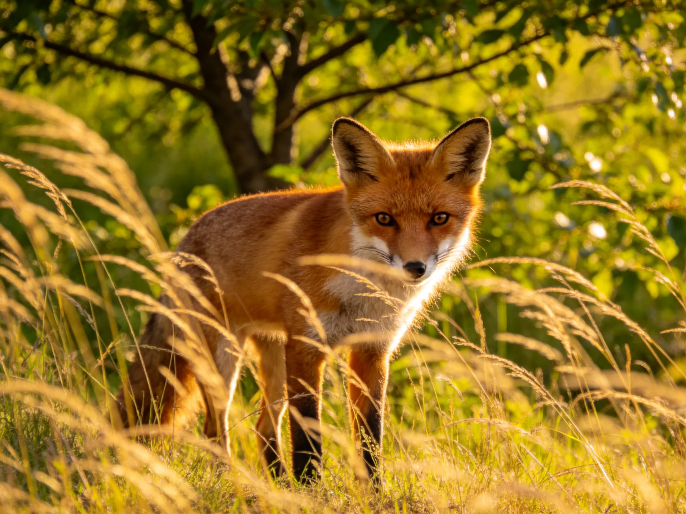 A reddish fox in golden grasses near green trees