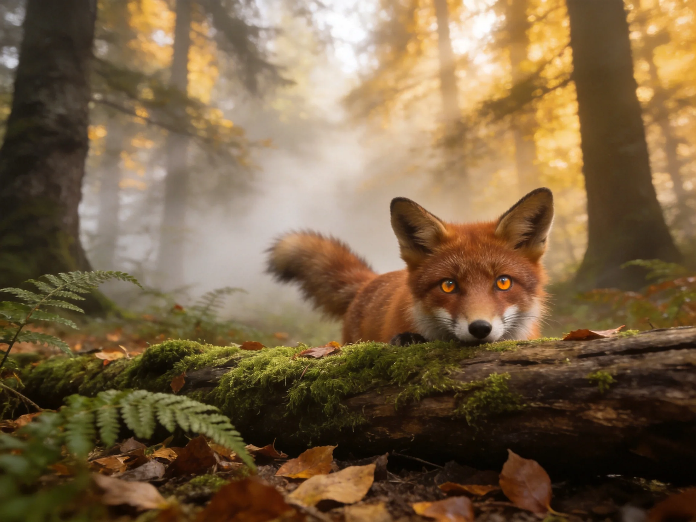 A reddish fox near a moss-covered log in a misty autumn forest