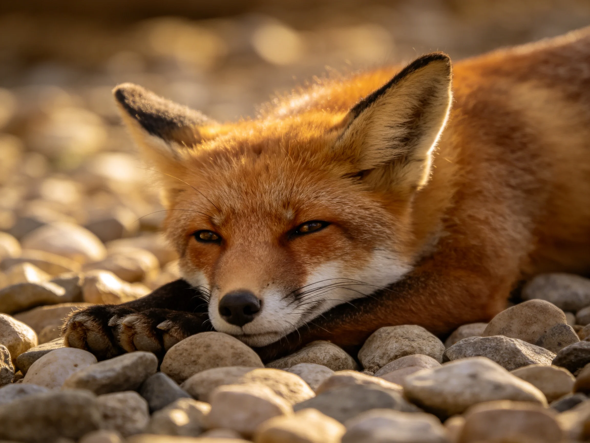 A reddish fox rests on smooth pebbles in warm light