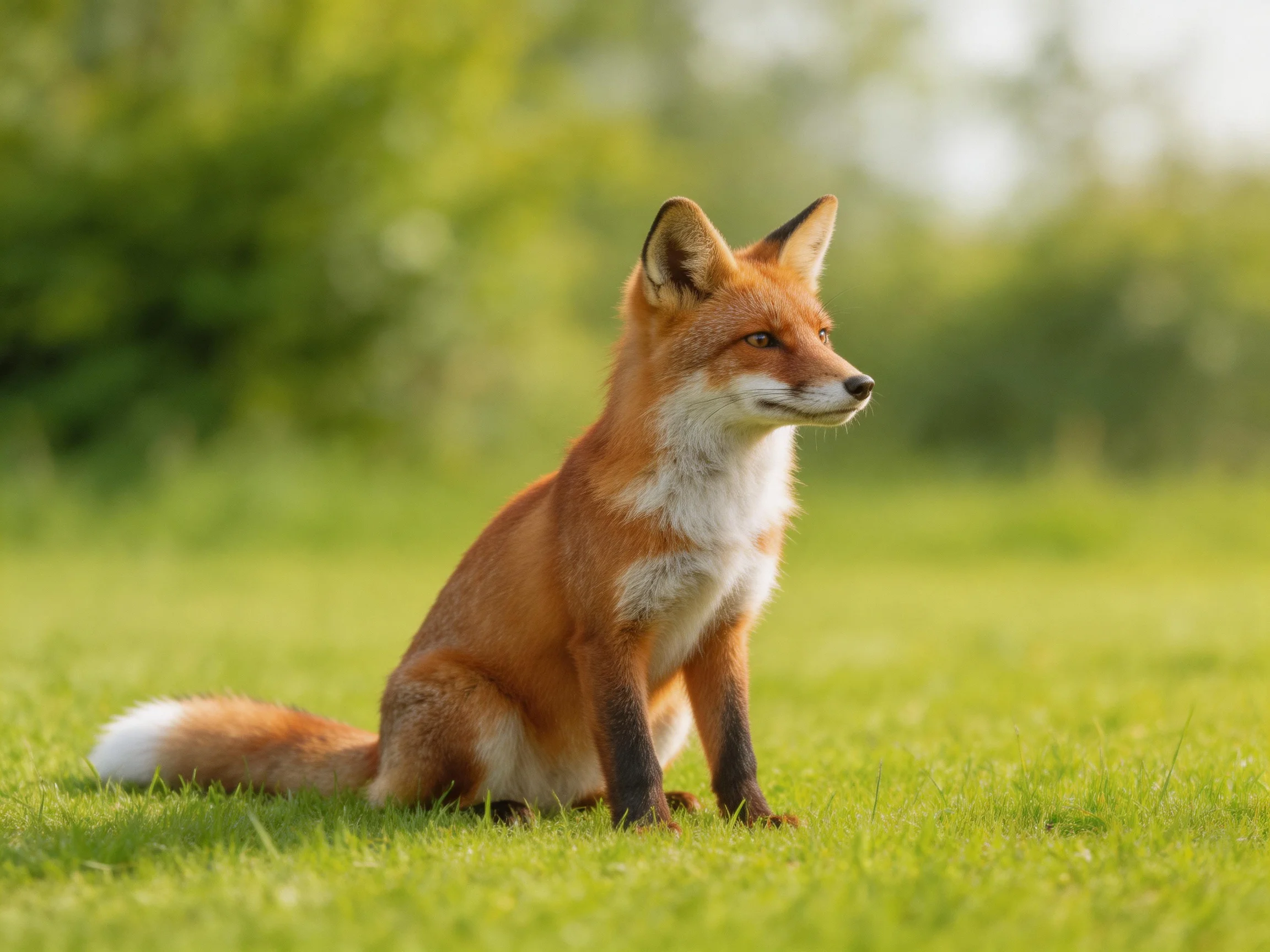 A reddish fox sits attentively on lush green grass