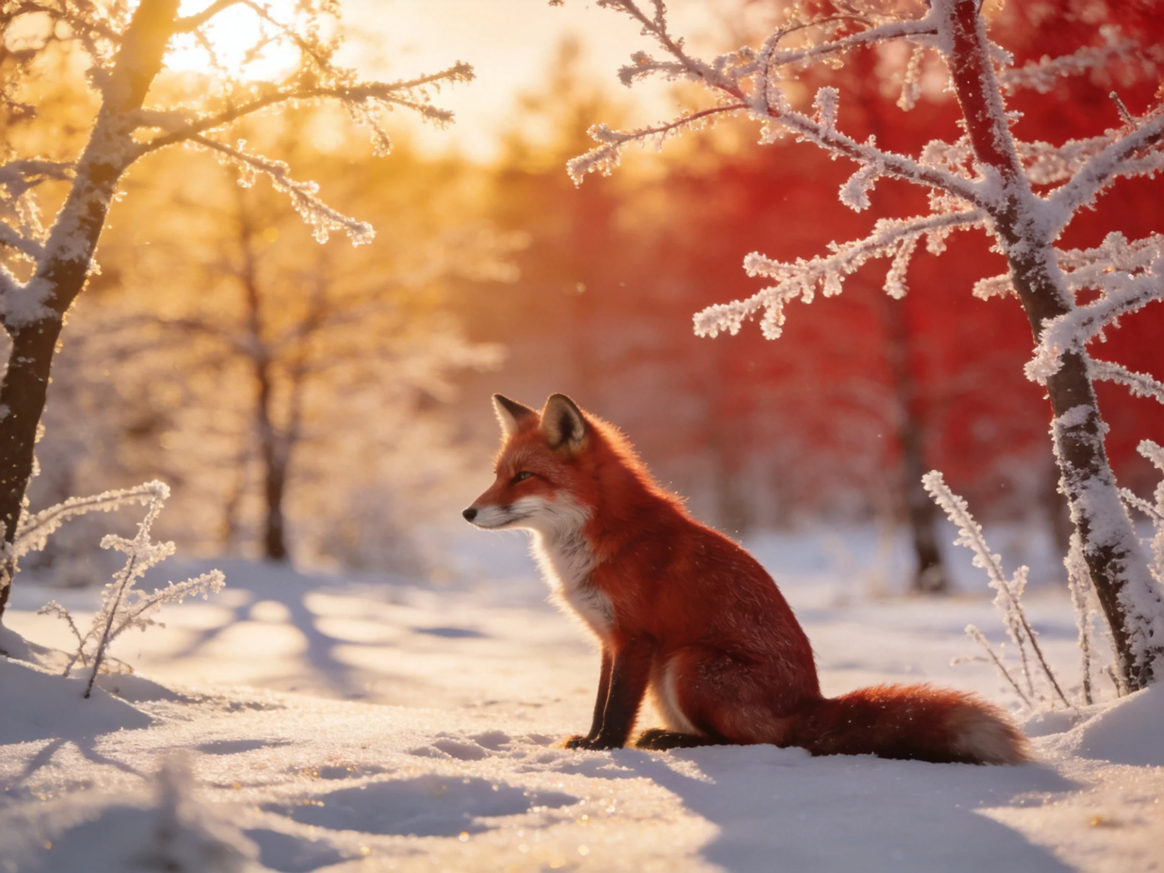 A reddish fox sits in frosty woods bathed in golden light