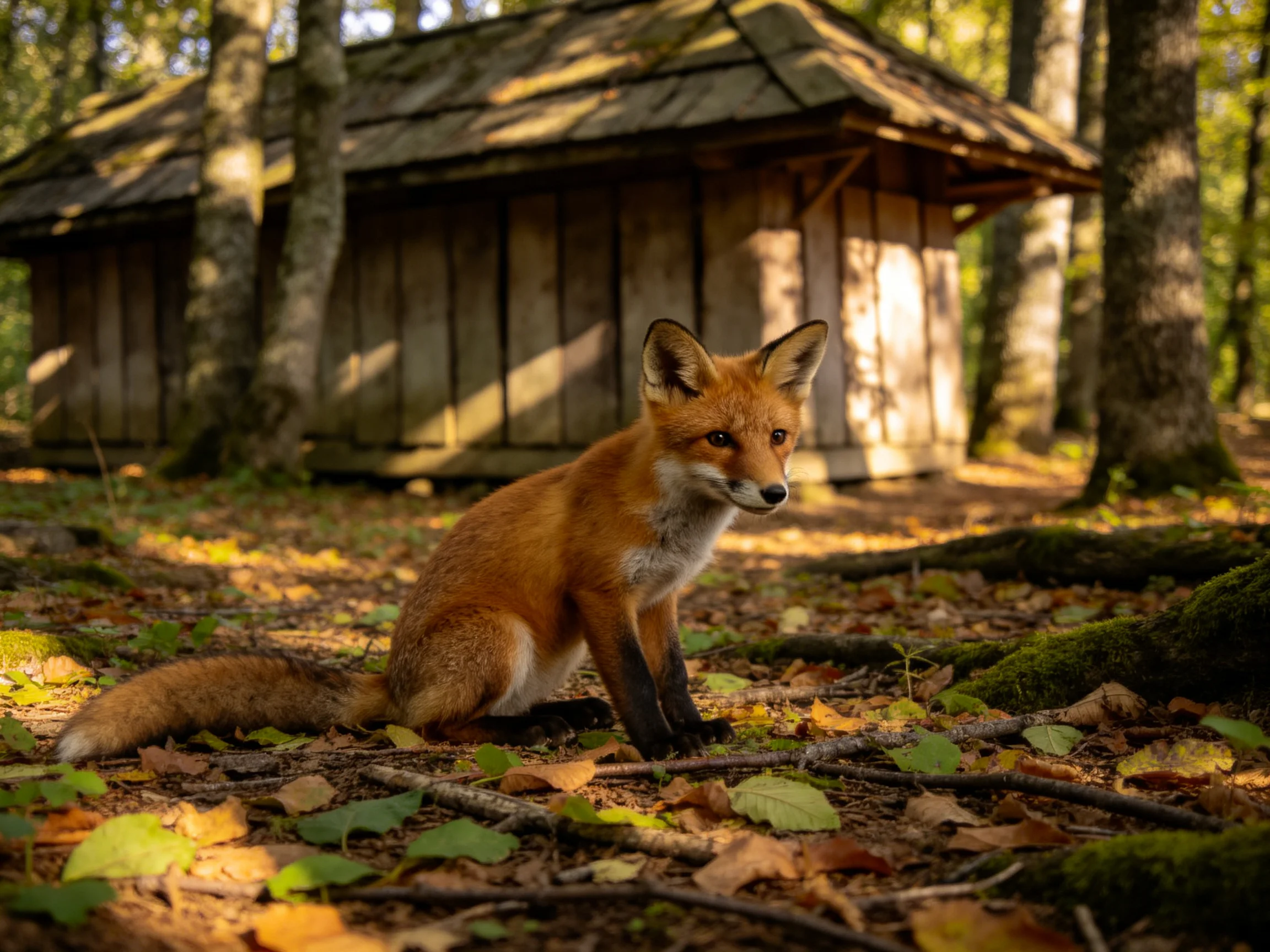 A reddish fox sits near an old wooden cabin in autumn woods