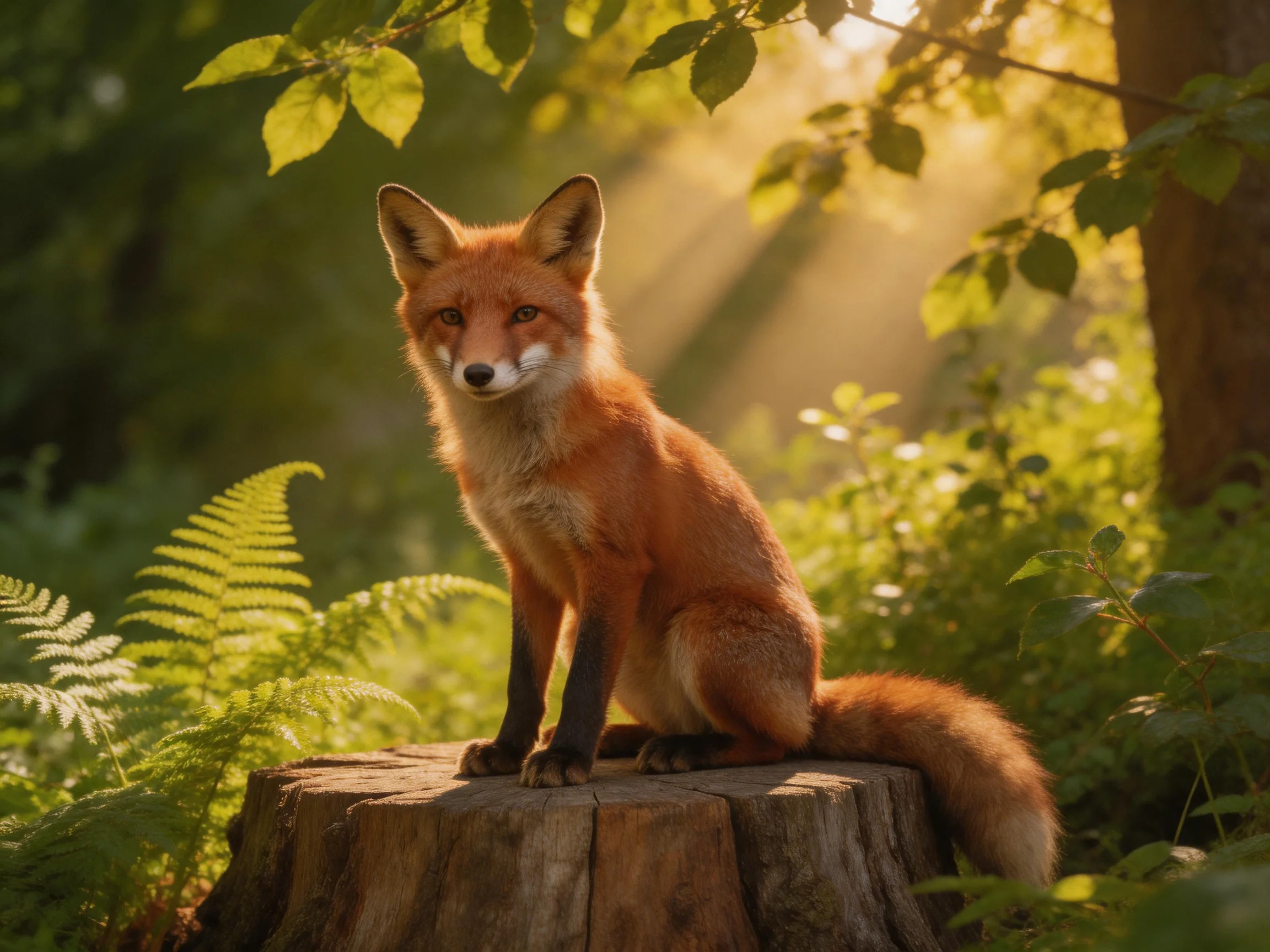 A reddish fox sits on a wooden stump amid lush greenery under golden light