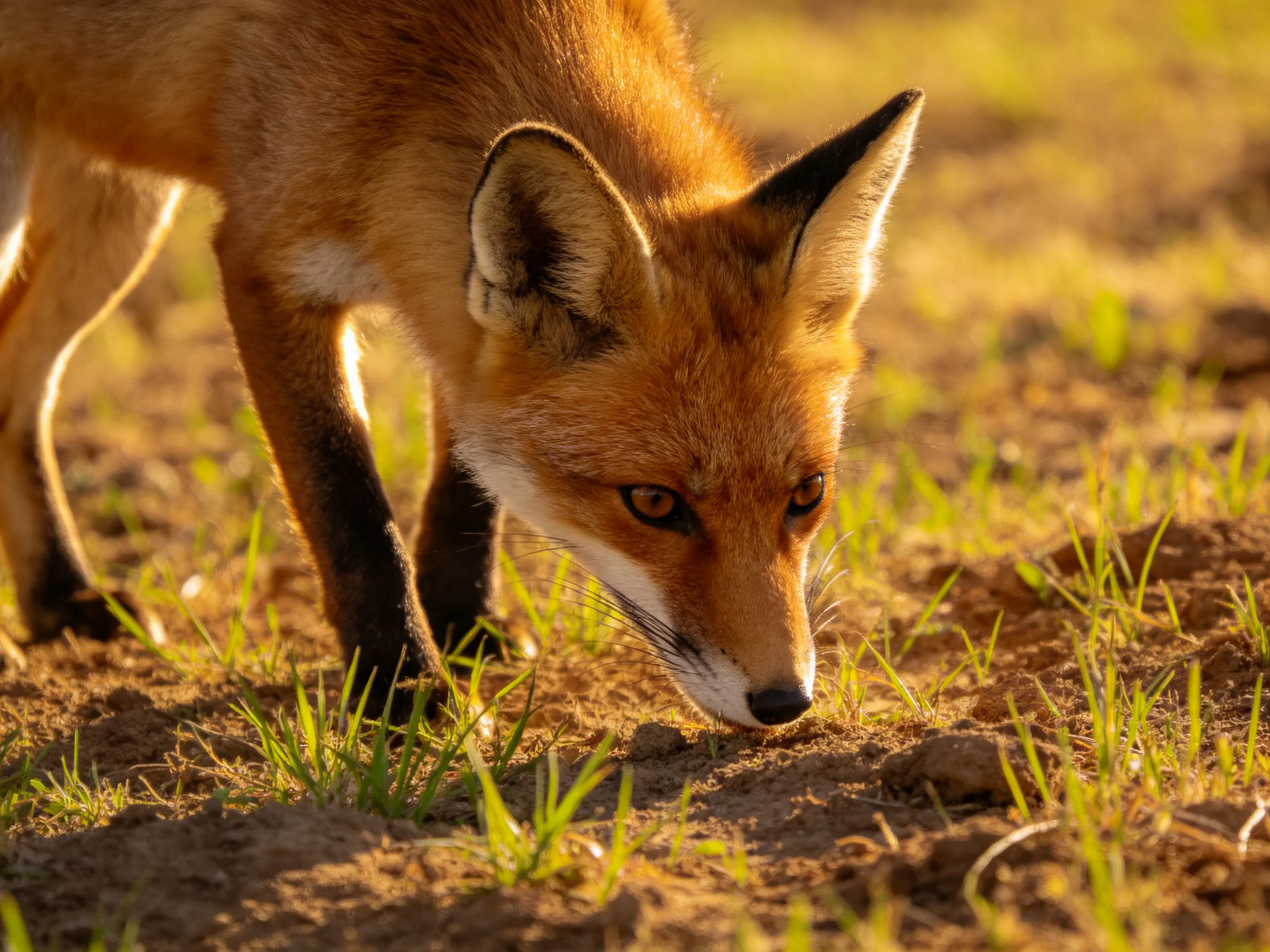 A reddish fox sniffs near golden grass and brown soil
