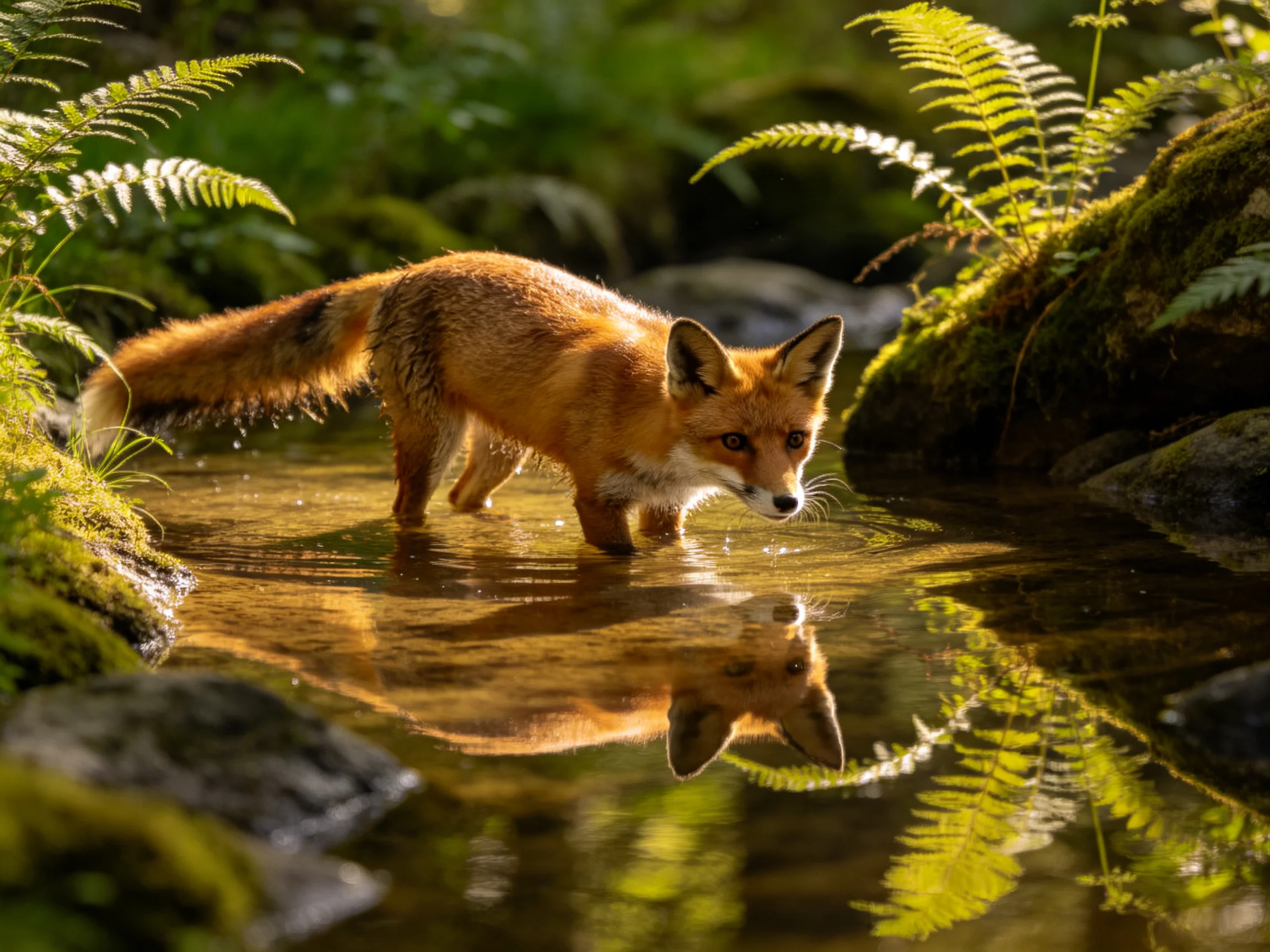 A reddish fox wades through a sunlit forest stream