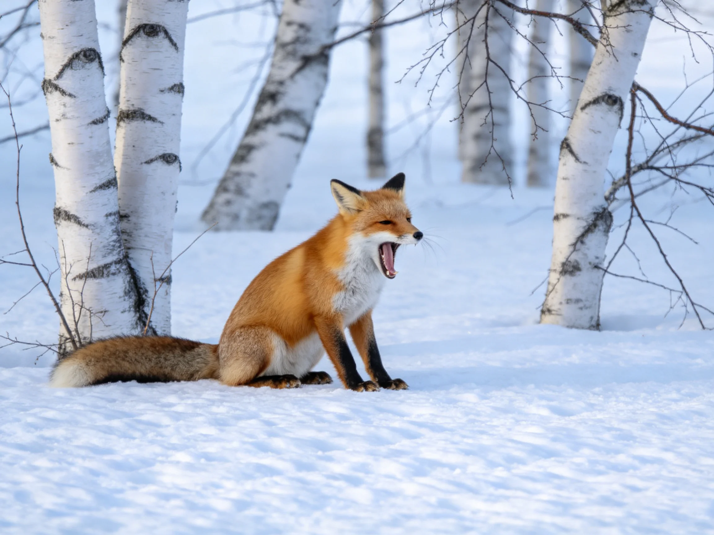 A reddish fox yawning near white-barked birch trees in snow