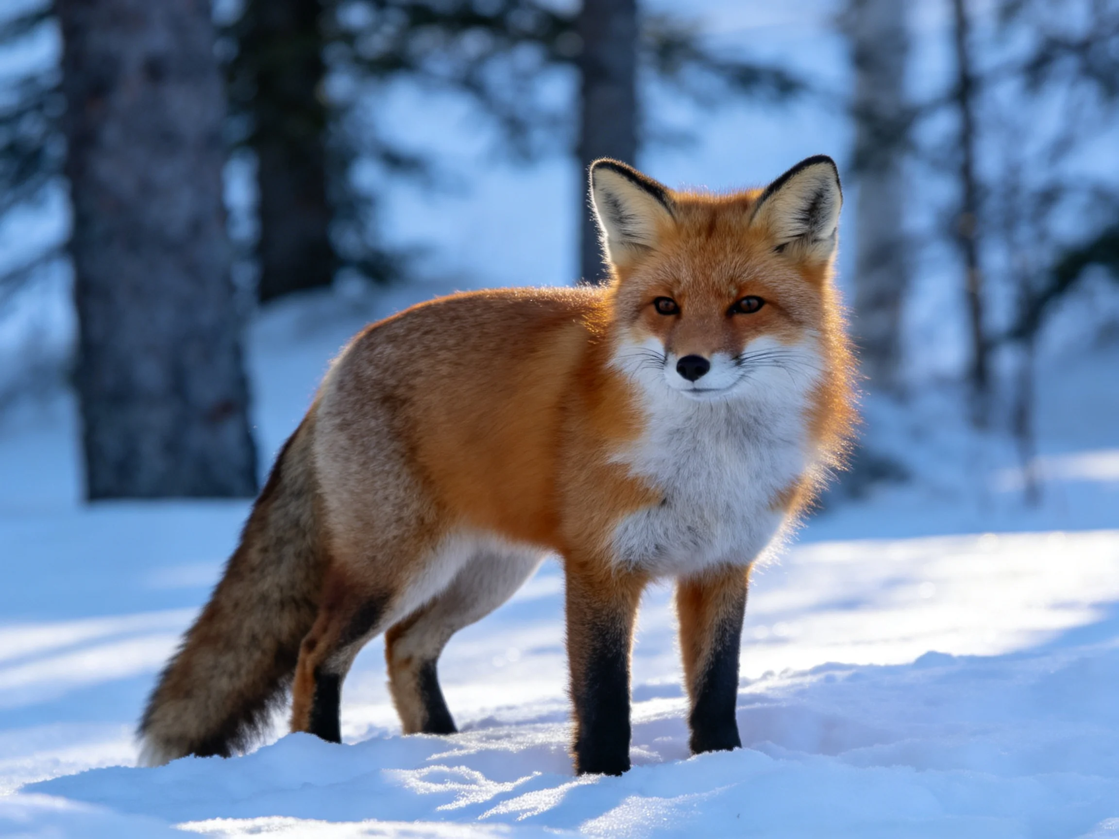 A reddish-orange fox in a snowy forest landscape