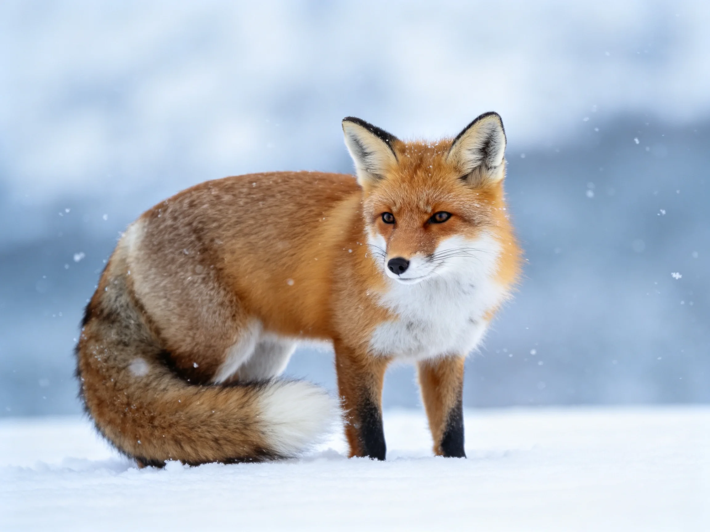 A reddish-orange fox in a snowy winter landscape