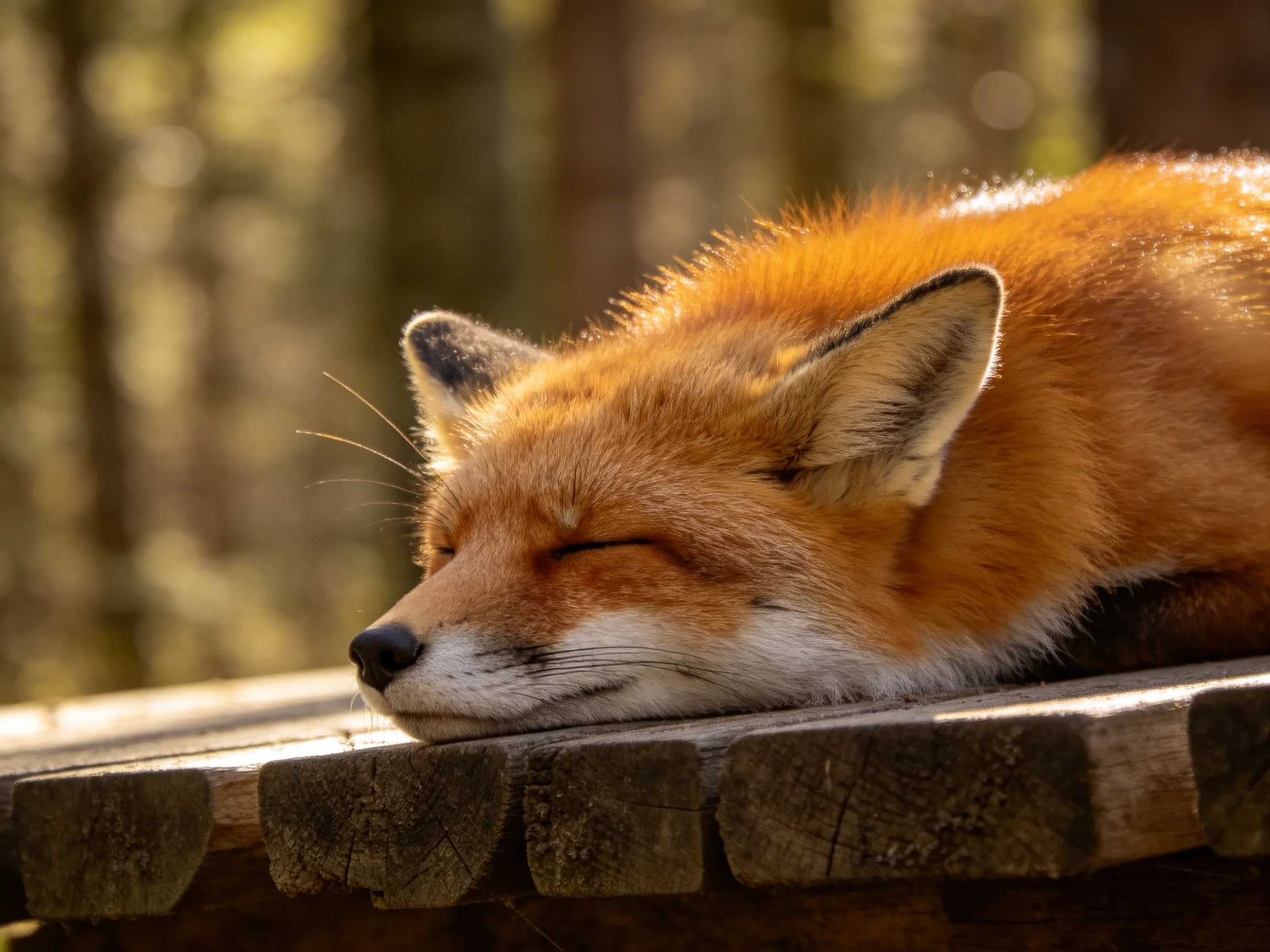 A reddish-orange fox naps on a weathered wooden ledge in soft sunlight