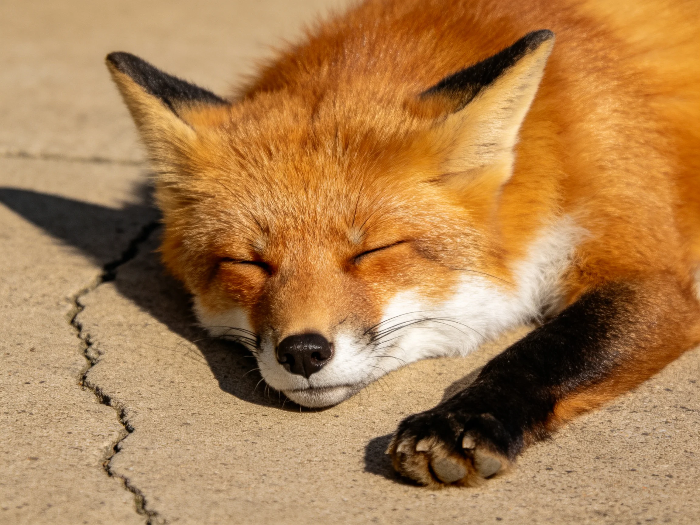 A reddish-orange fox naps on cracked concrete