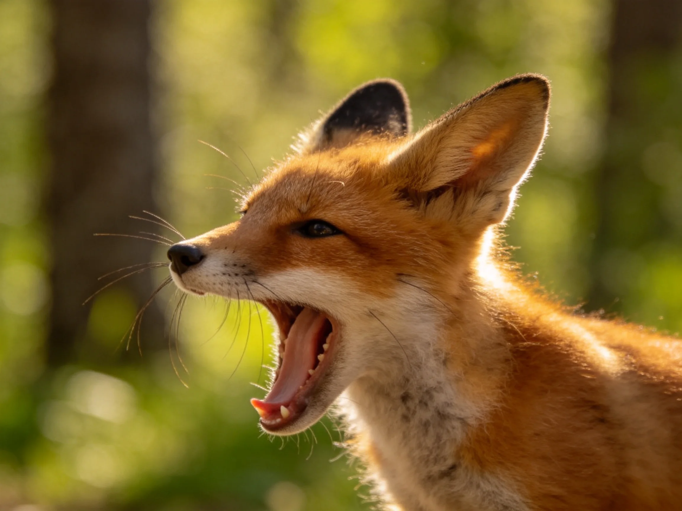 A reddish-orange fox pup yawning in a sunlit forest