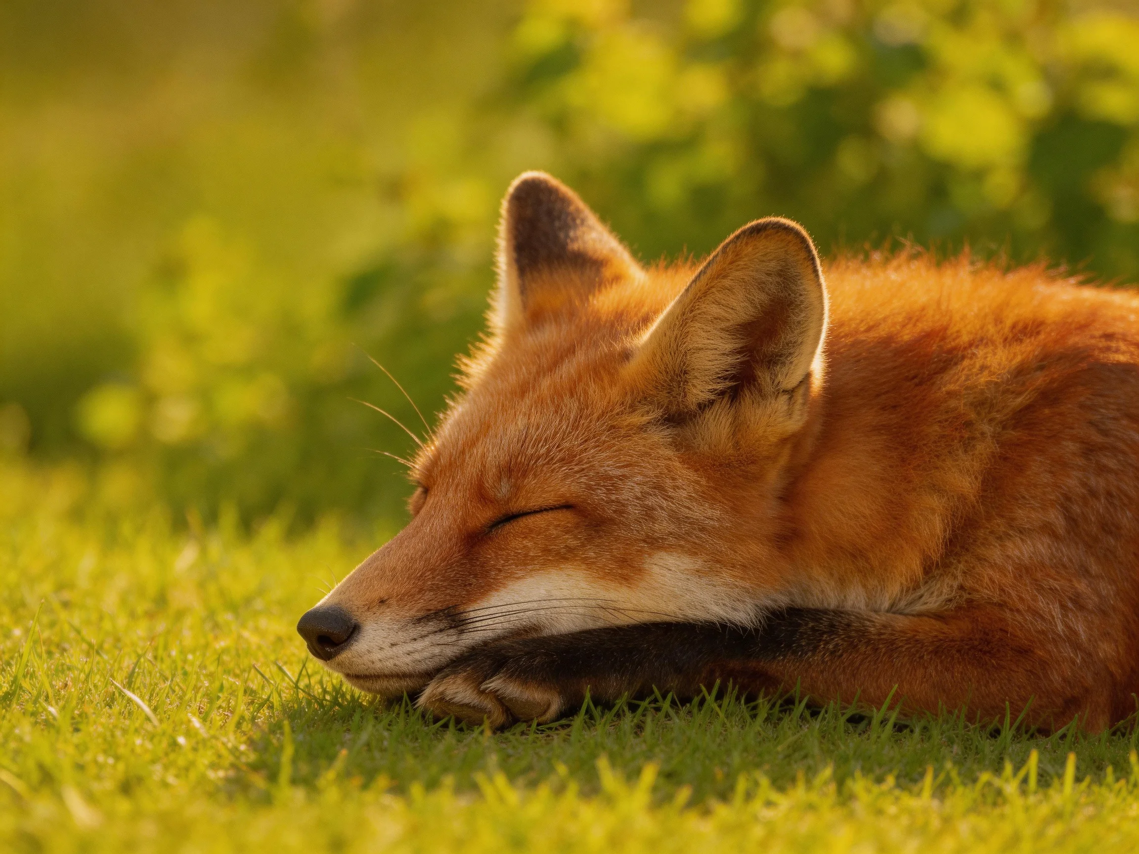 A reddish-orange fox sleeps peacefully on green grass.
