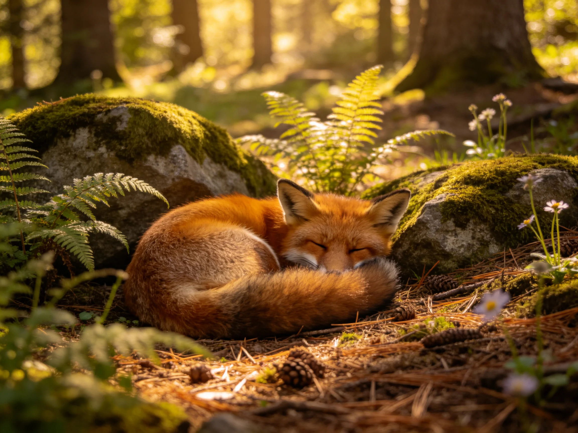 A reddish-orange fox sleeps near moss-covered rocks in a sunlit forest.
