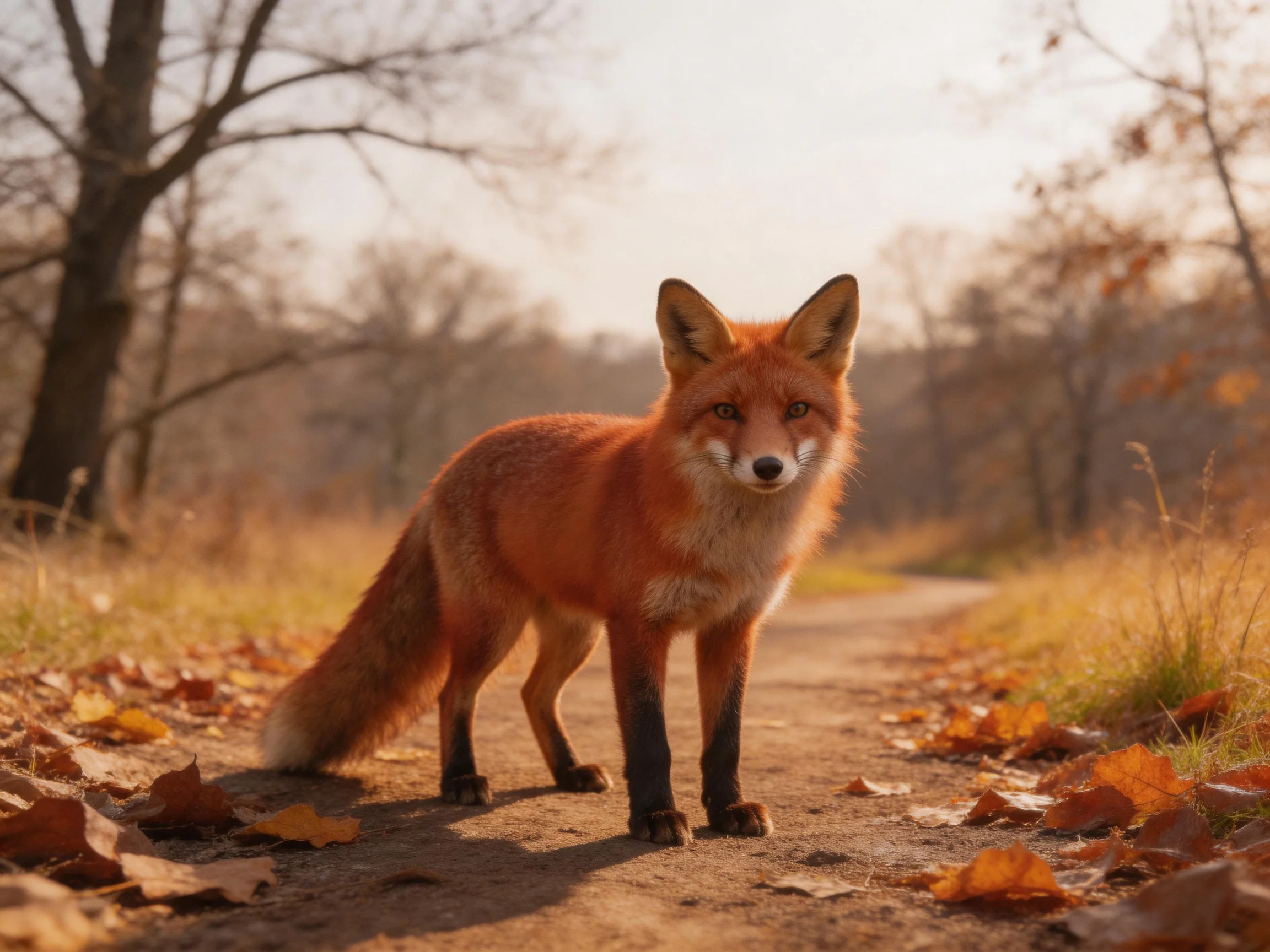 A reddish-orange fox stands on a leaf-covered dirt path in an autumn forest.