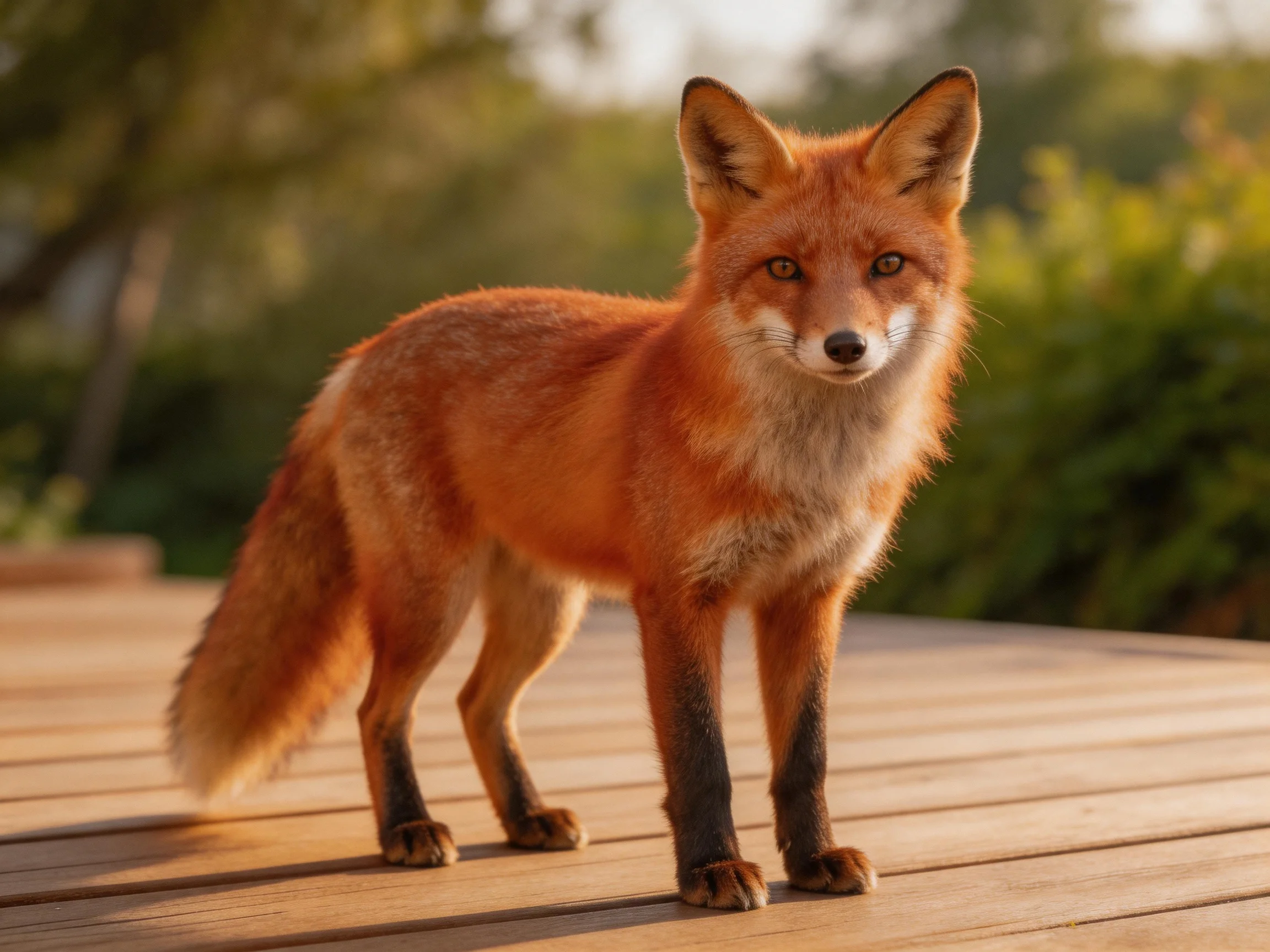 A reddish-orange fox stands on a wooden deck amid a sunlit outdoor space with greenery.
