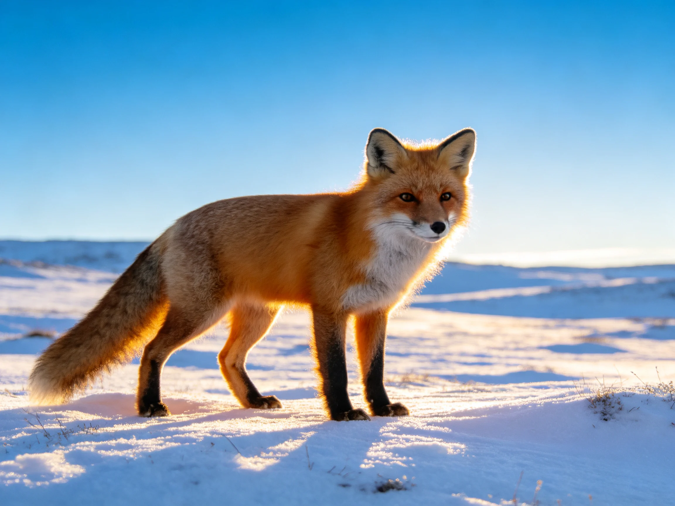 A reddish-orange fox stands on snow in a bright winter landscape
