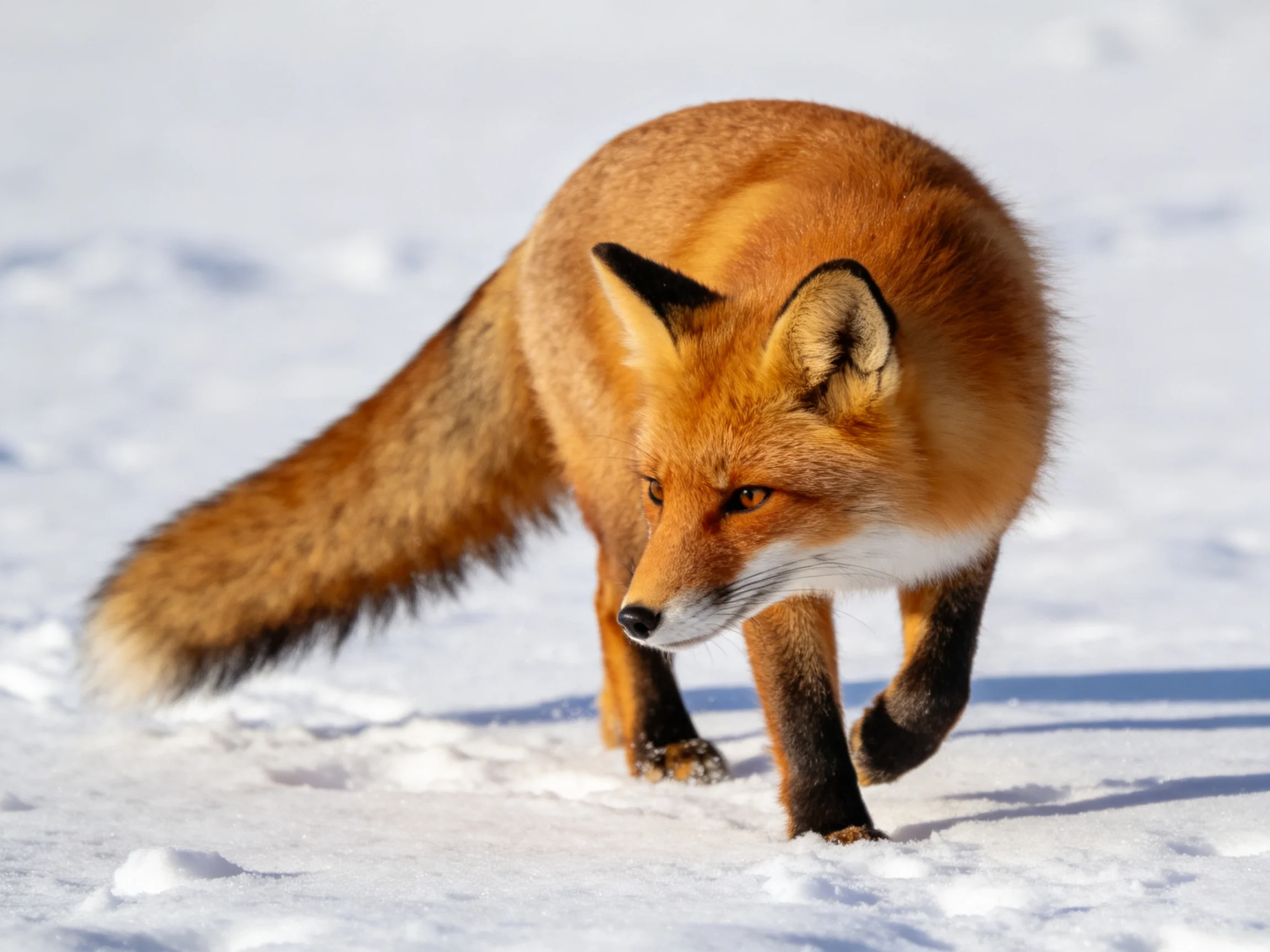A reddish-orange fox walks through a bright snowy landscape