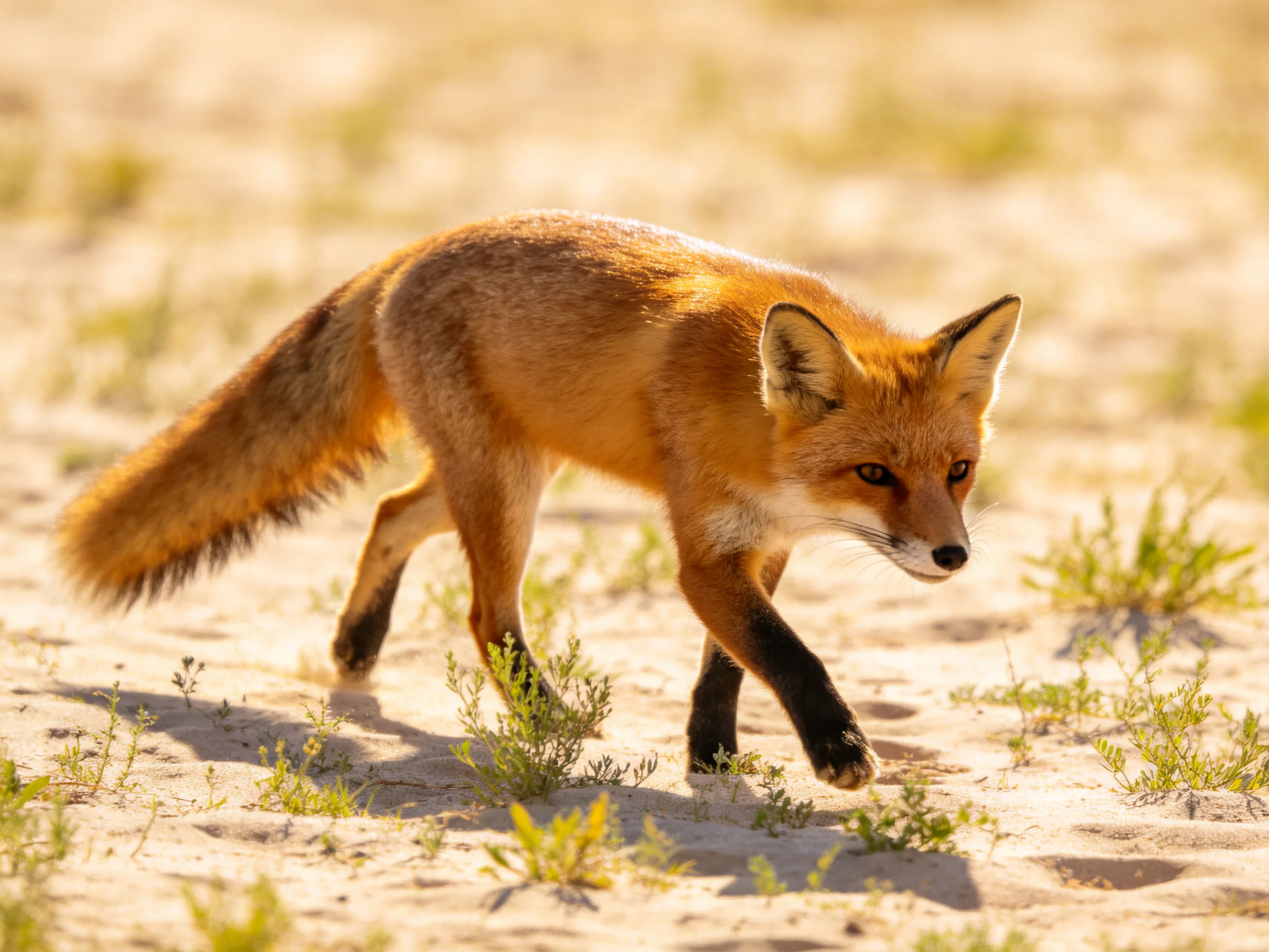 A reddish-orange fox walks through sandy terrain with sparse vegetation