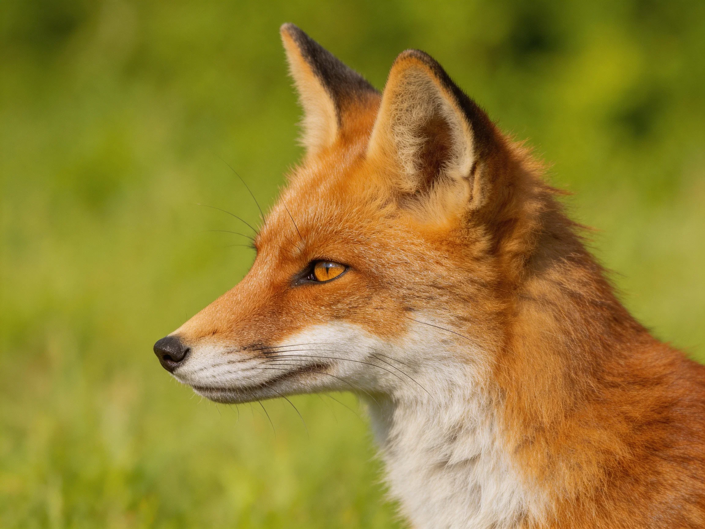 A reddish-orange fox with white markings observes in a sunlit green area.