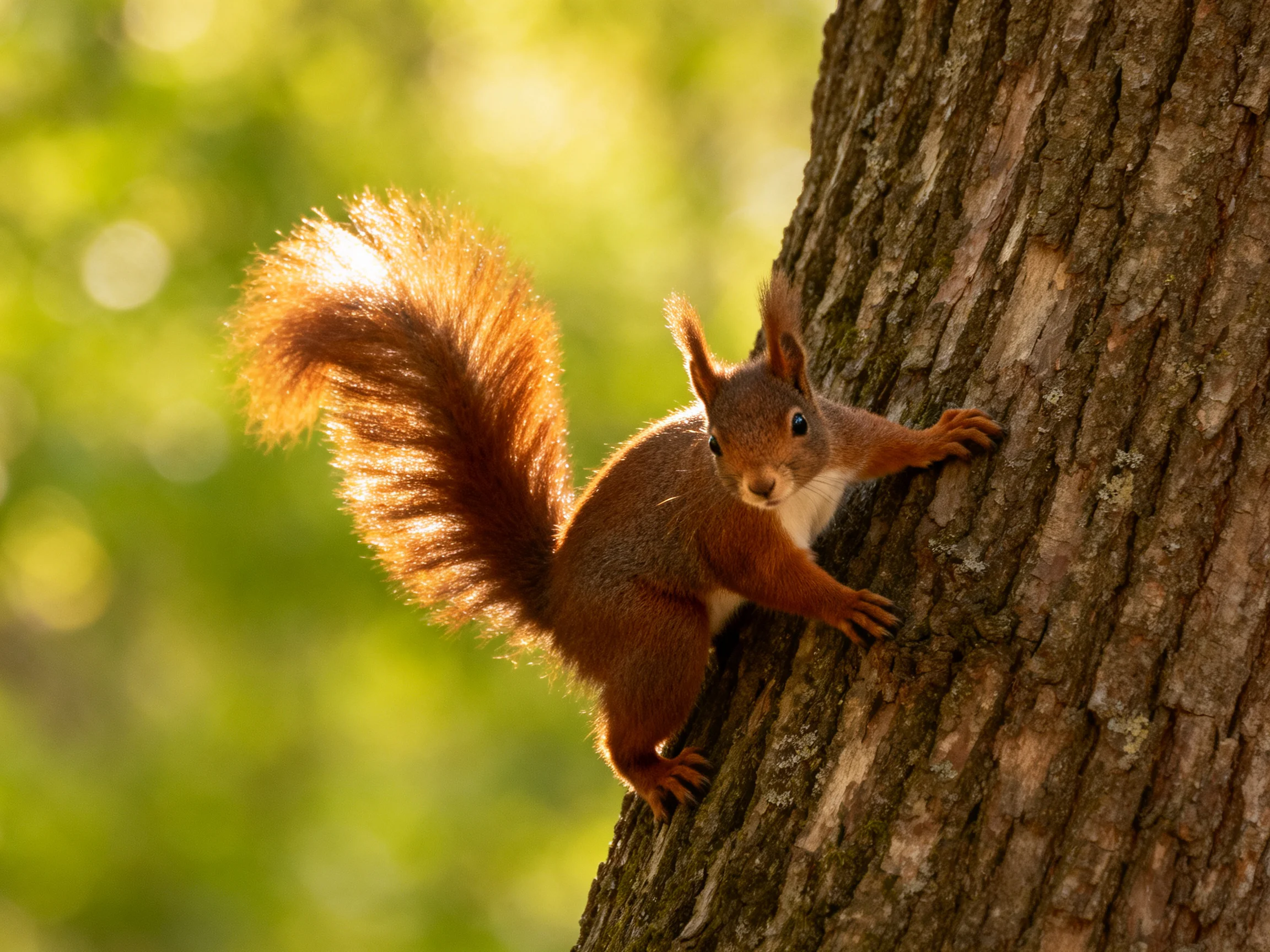 A reddish -rown squirrel climbing a rough-textured tree trunk in a sunlit forest