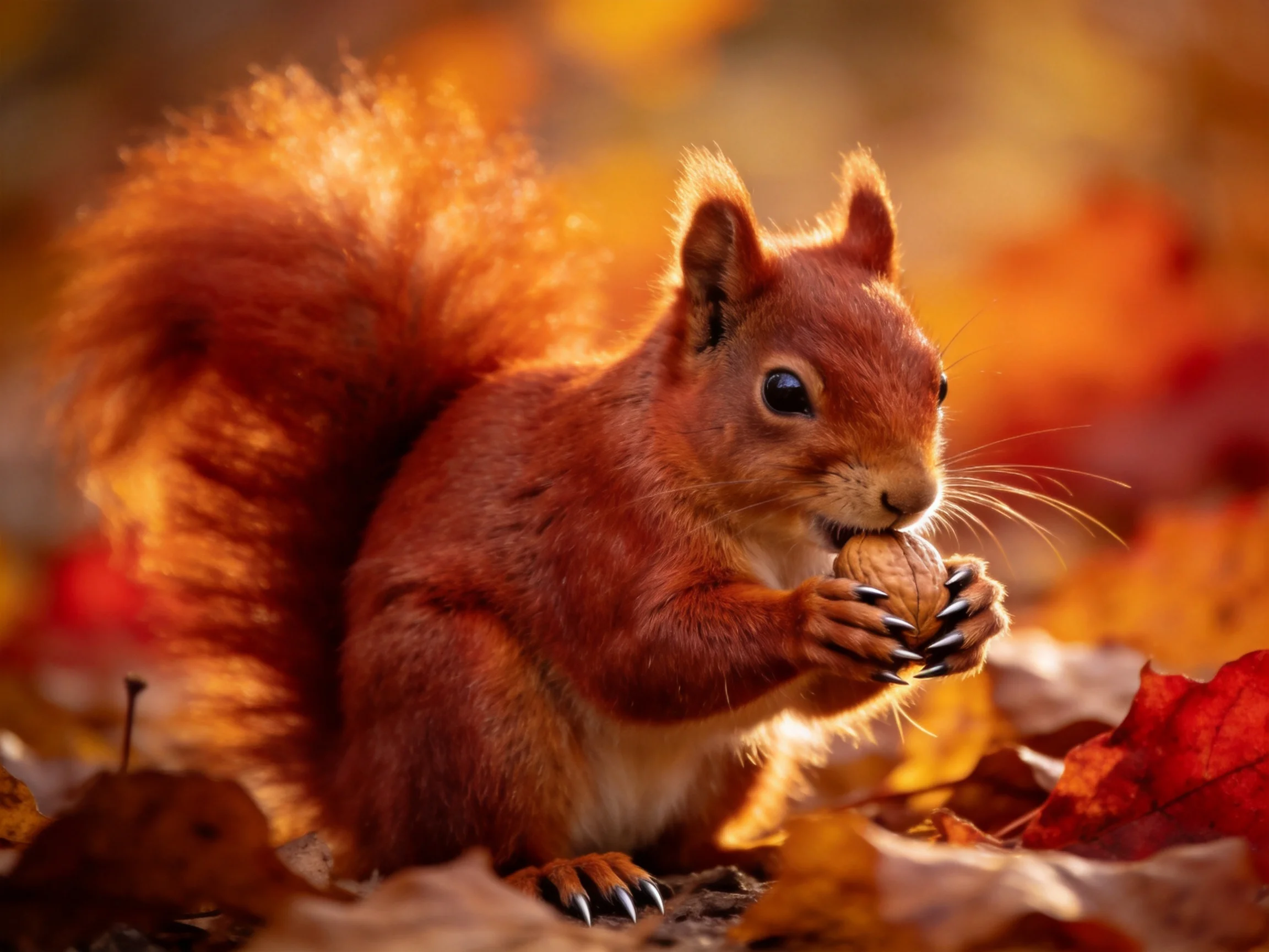 A reddish -rown squirrel nibbling a nut amid autumn foliage