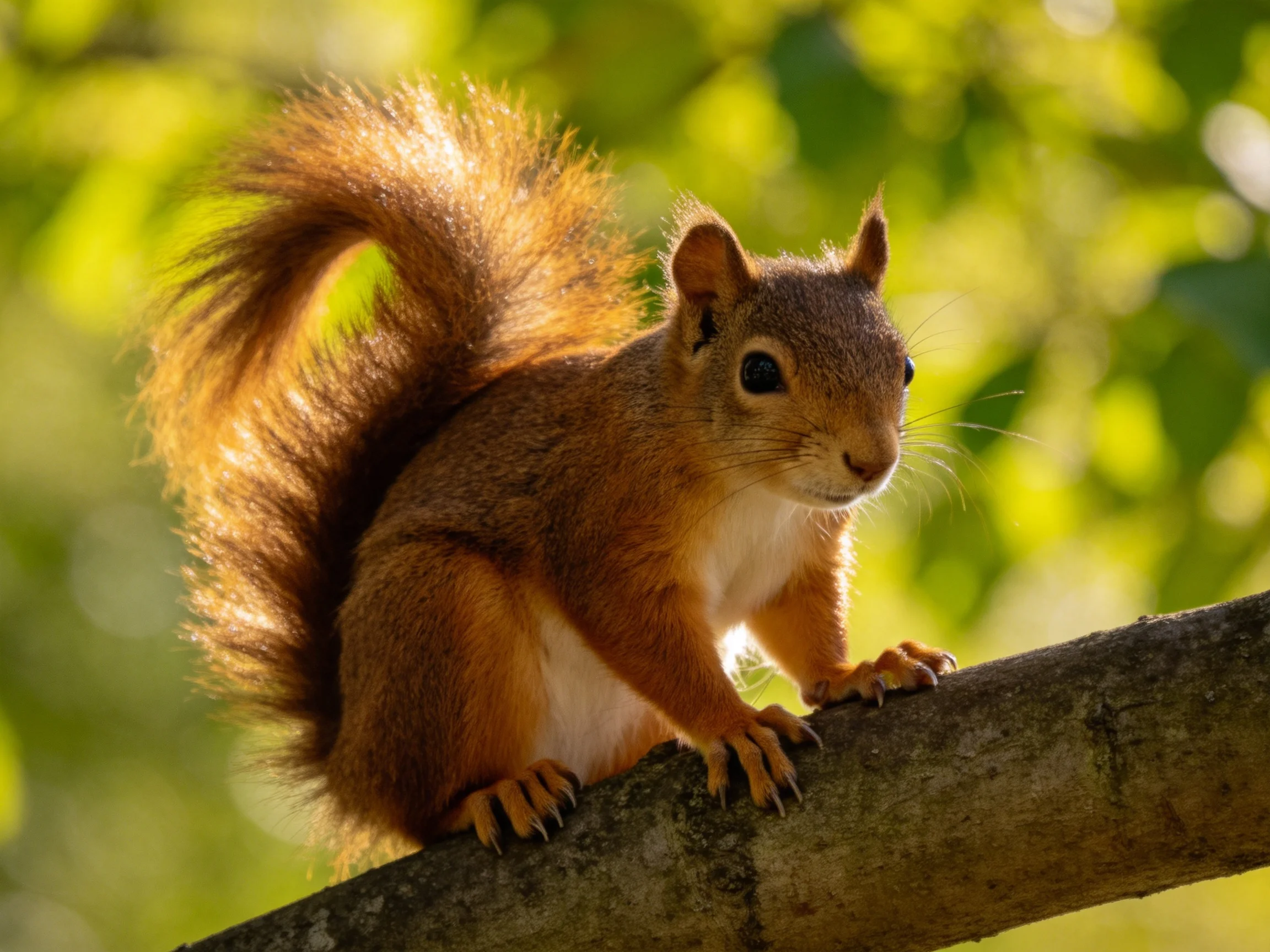 A reddish -rown squirrel perched on a tree branch