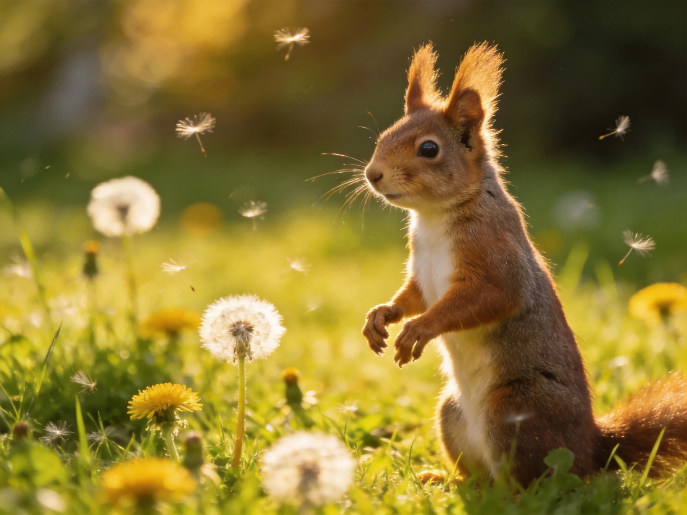 A reddish squirrel amid dandelions in a sunlit meadow