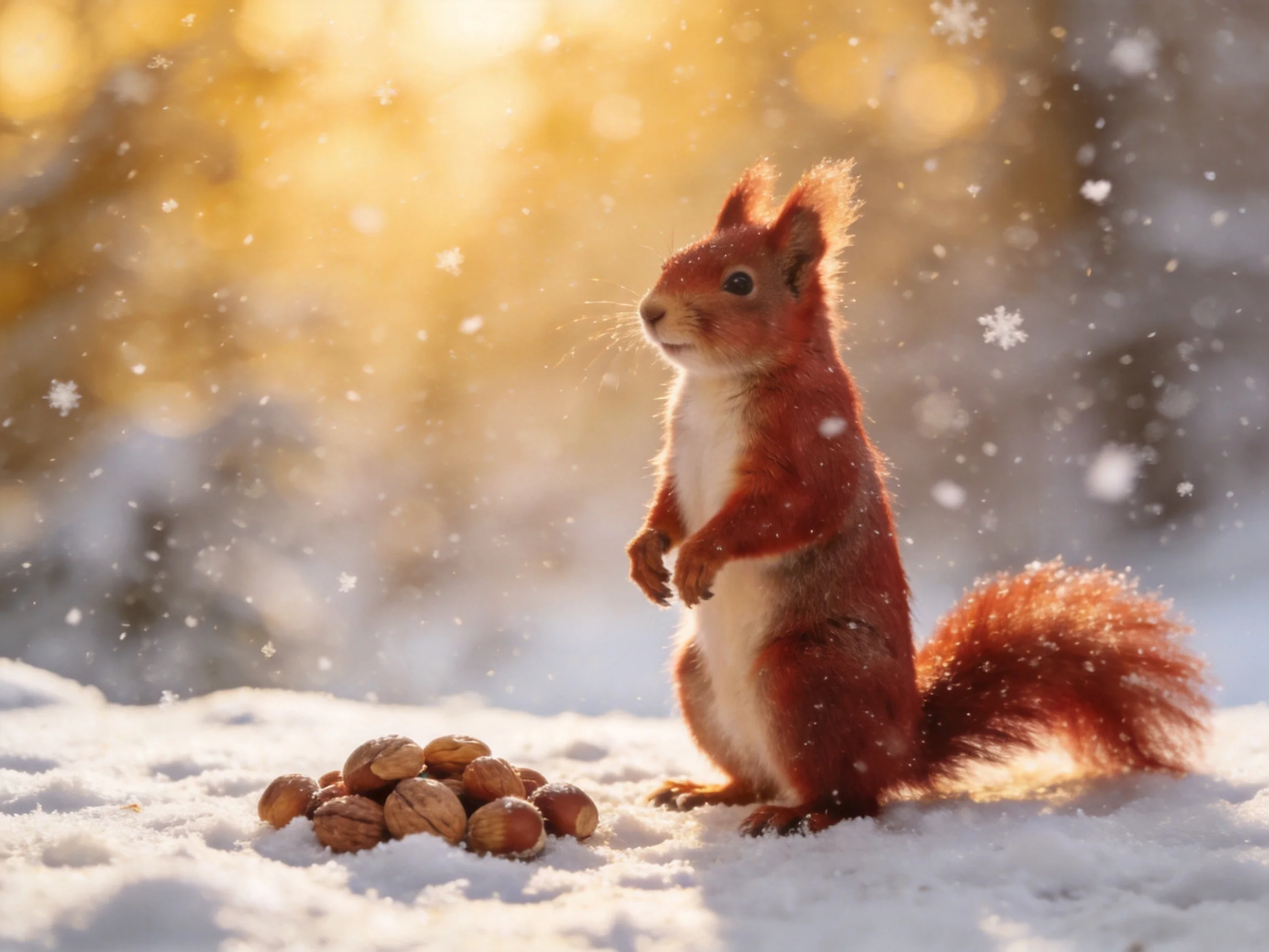 A reddish squirrel with nuts on snow under golden light