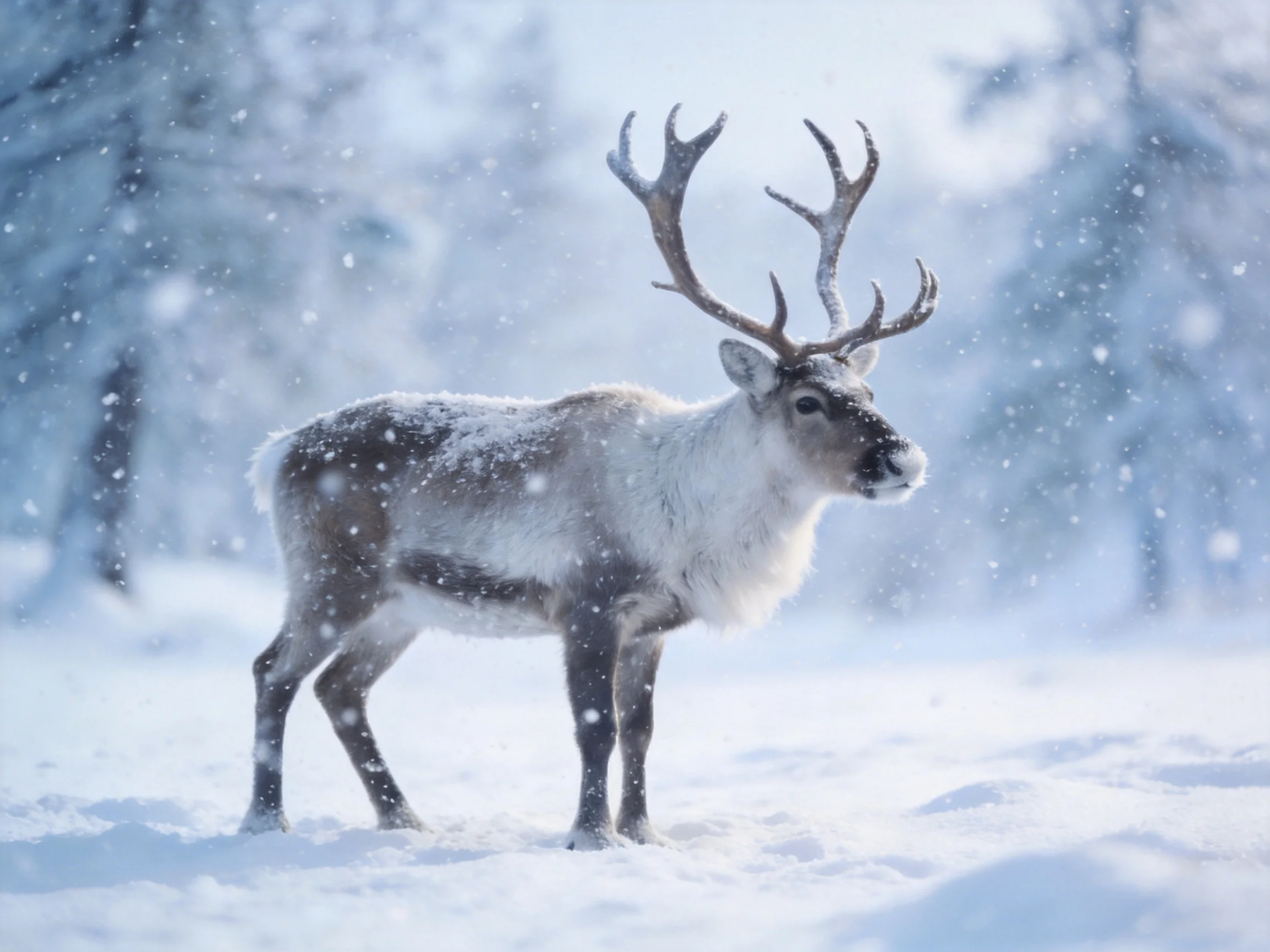 A reindeer stands in a snowy forest with falling snowflakes