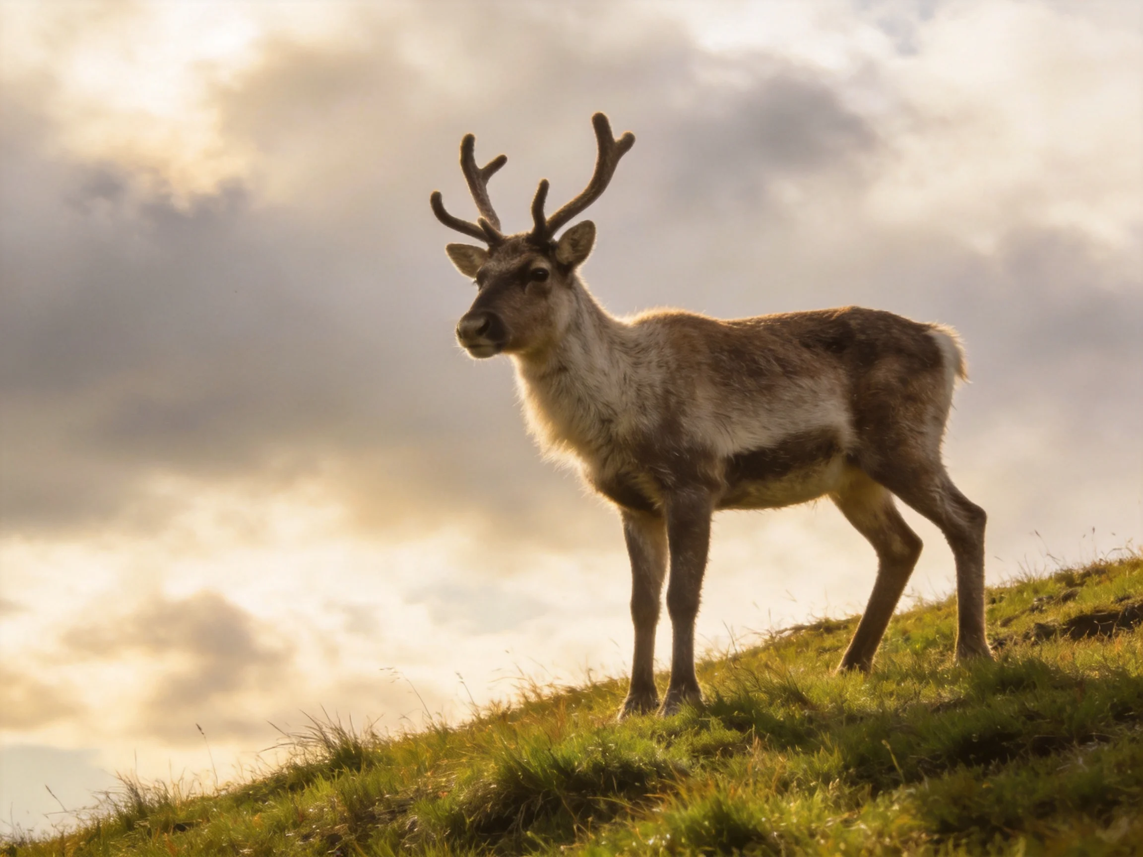 A reindeer stands on a grassy hill beneath a cloudy sky