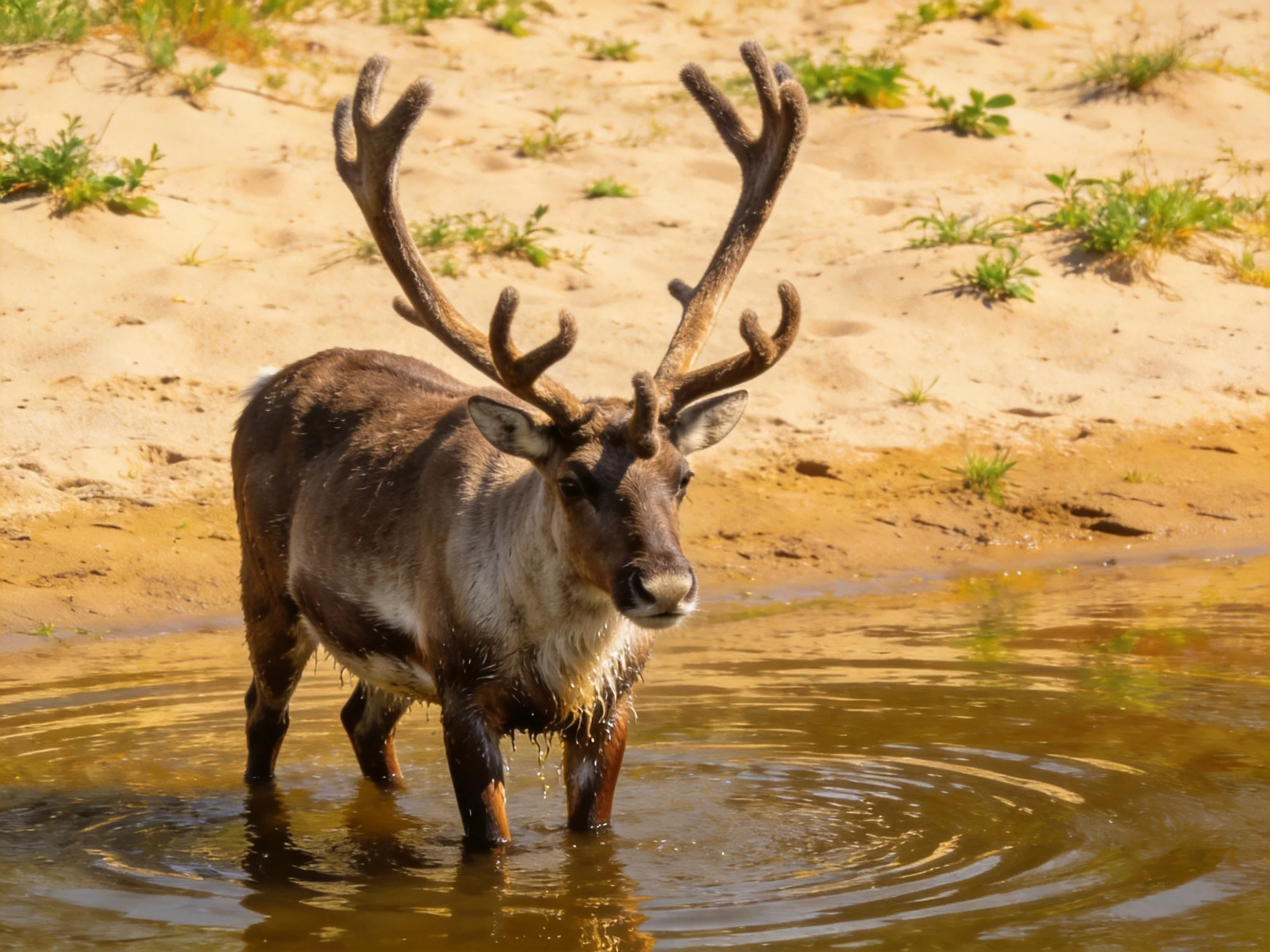 A reindeer with large antlers wades through shallow water near sandy shore