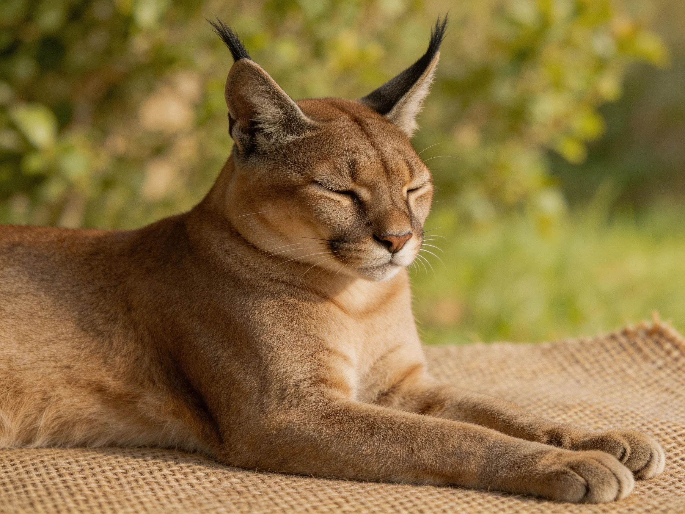 A relaxed caracal with tufted ears rests on a burlap mat in a sunlit natural setting