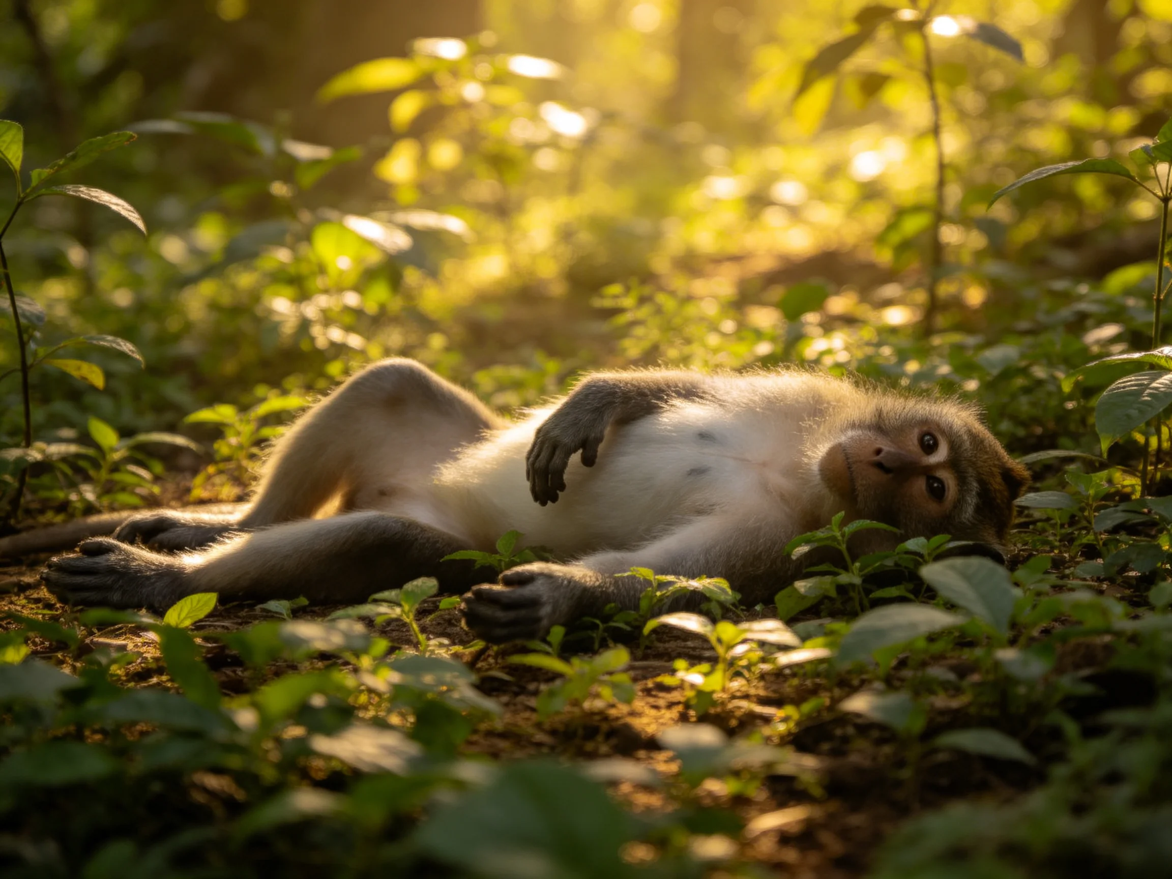 A relaxed monkey rests amid lush green foliage in golden sunlight
