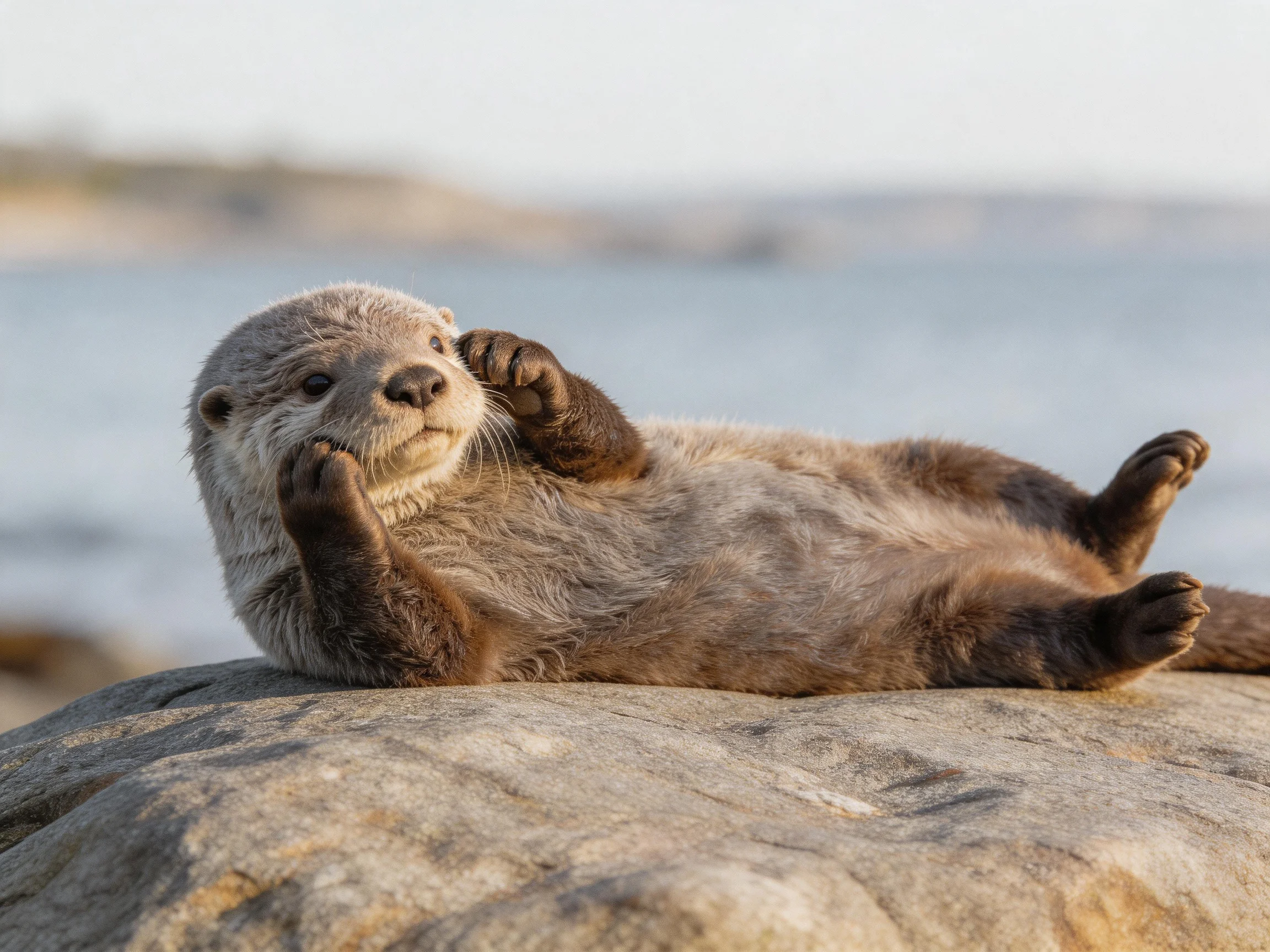 A relaxed otter lies on a large gray rock by calm waters