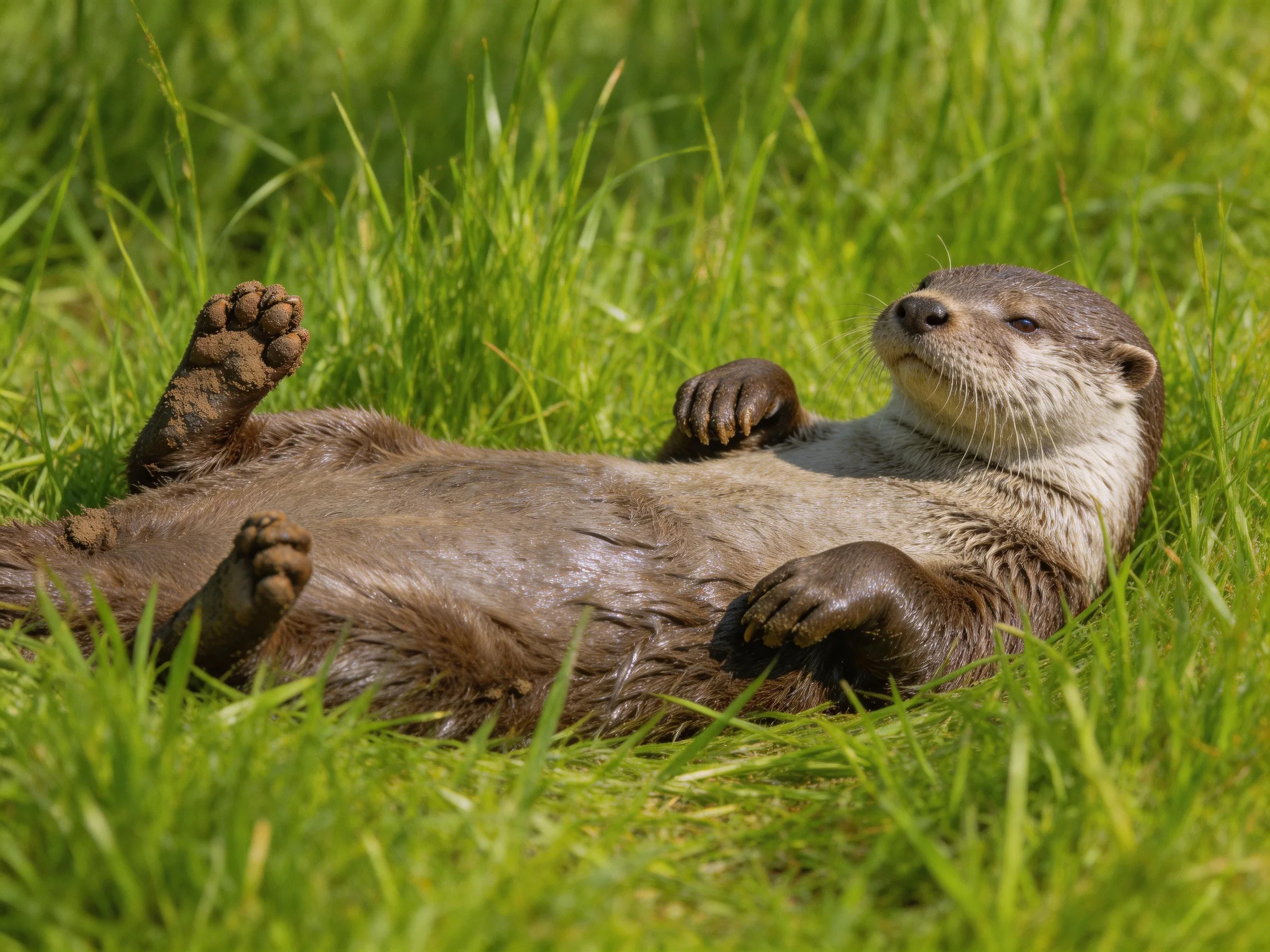 A relaxed otter lounges on lush green grass in bright sunlight