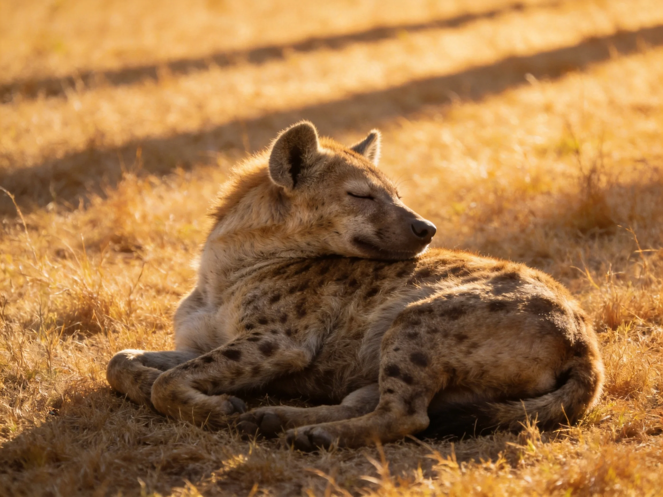 A relaxed spotted hyena rests in golden savannah grass under warm sunlight