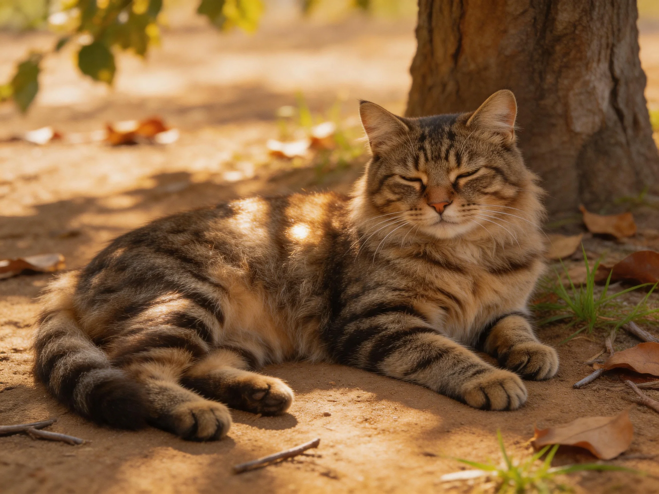 A relaxed tabby cat lounges near a tree trunk in golden sunlight