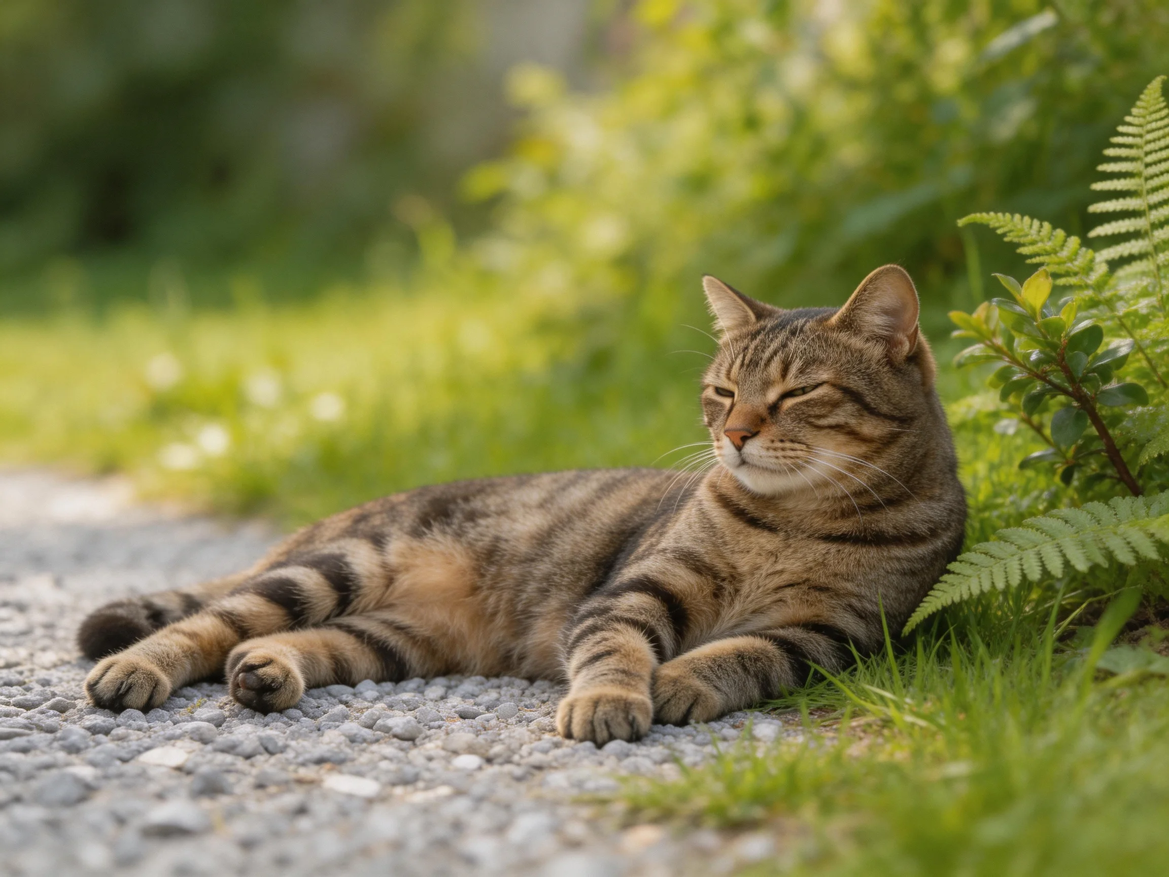 A relaxed tabby cat lounges on gravel near lush ferns
