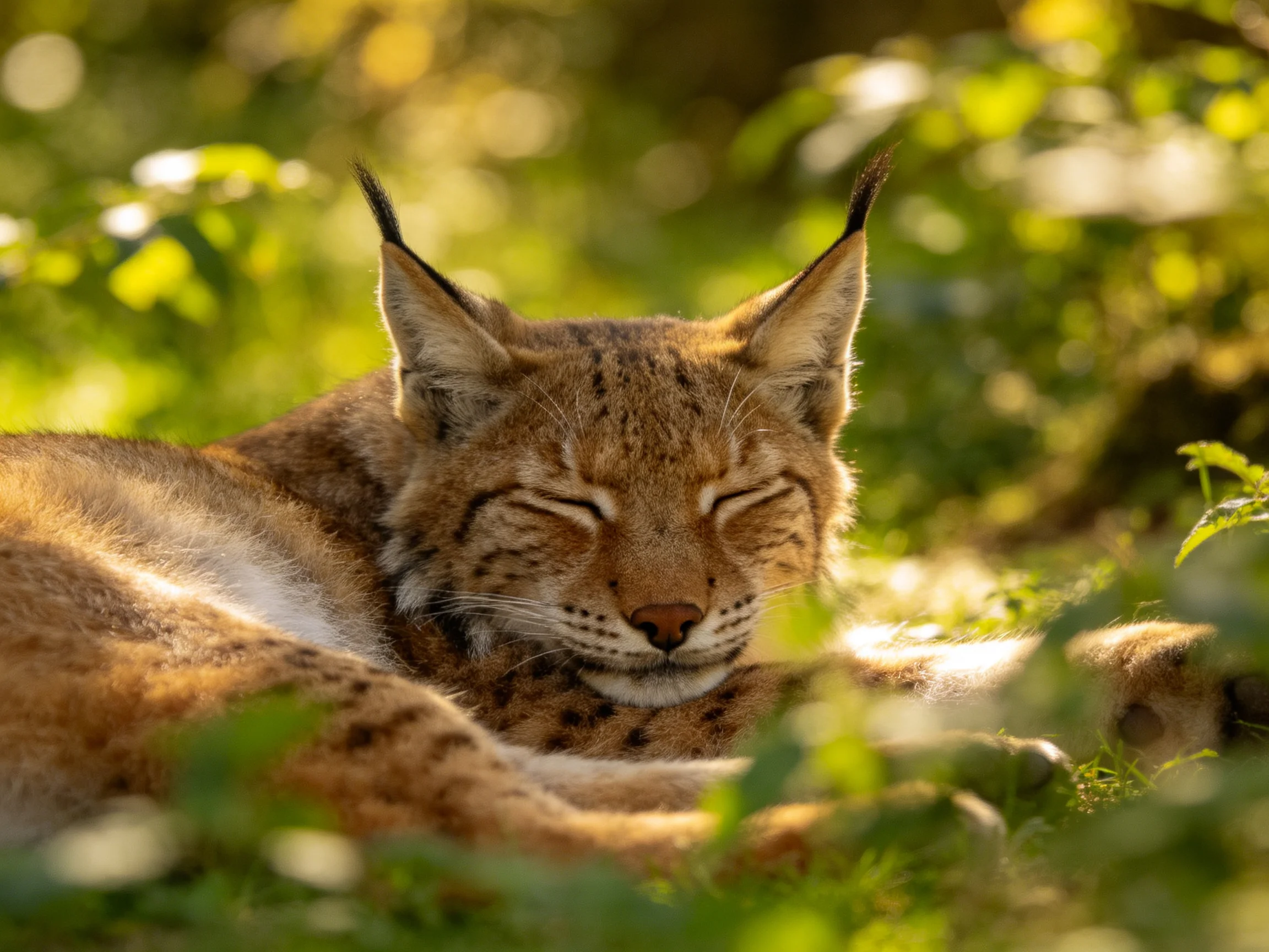 A resting lynx with spotted fur in sun-dappled green foliage