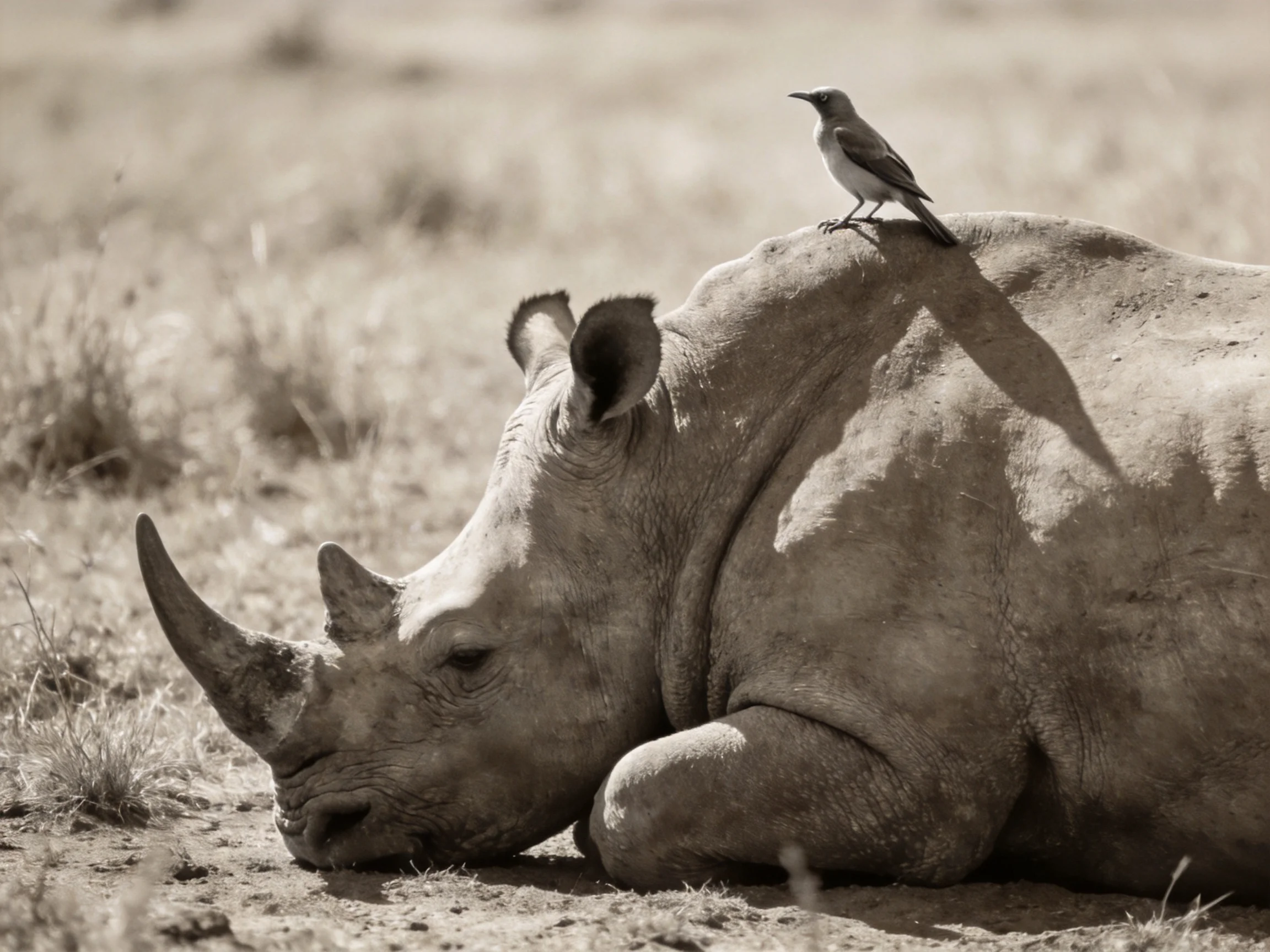 A resting rhinoceros with a small bird on its back